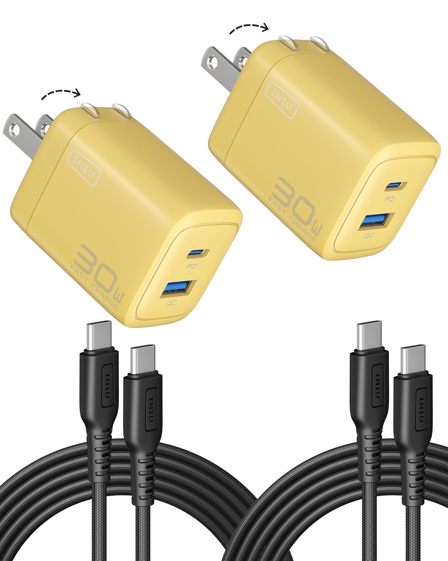 INIU A12-E1 30W Dual Port Charger, yellow, foldable plug with USB-C cables, fast charging for iPhone