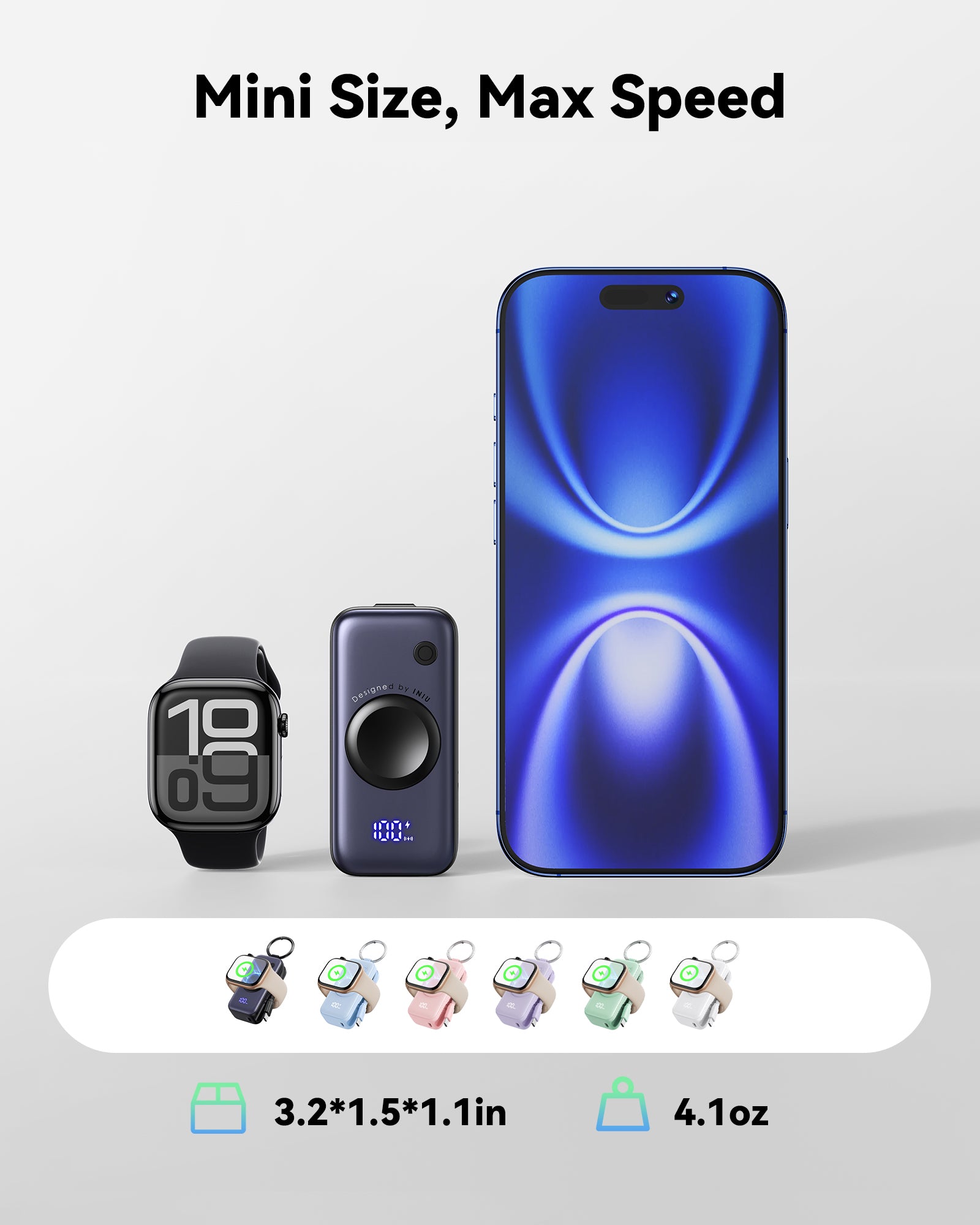 INIU SnapGo P81-E1 Power Bank featuring mini size and max speed, with iWatch charging and iPhone.