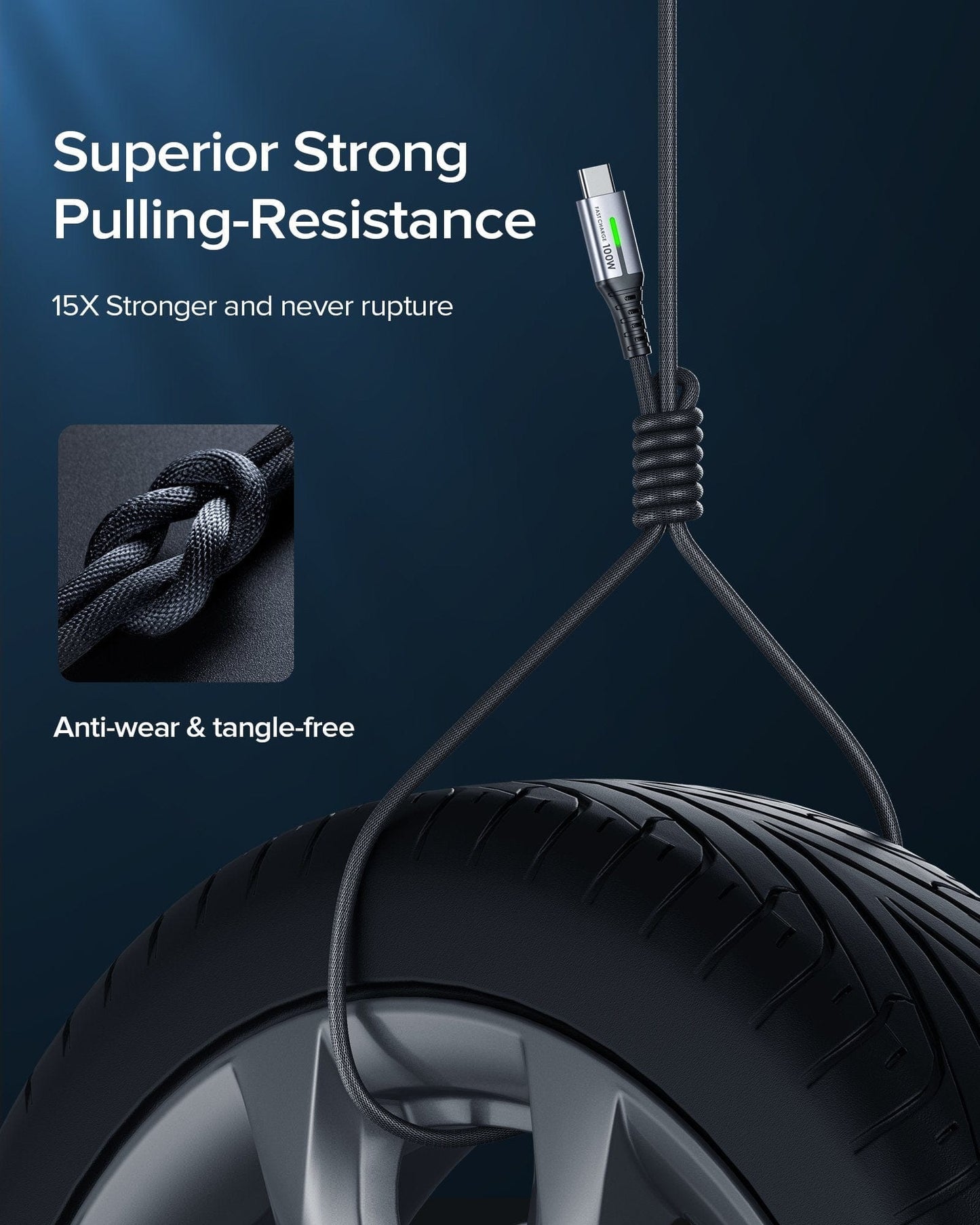 INIU D5CC Cable - Strong USB C to C cable demonstrating pulling resistance, anti-wear, and tangle-free design.