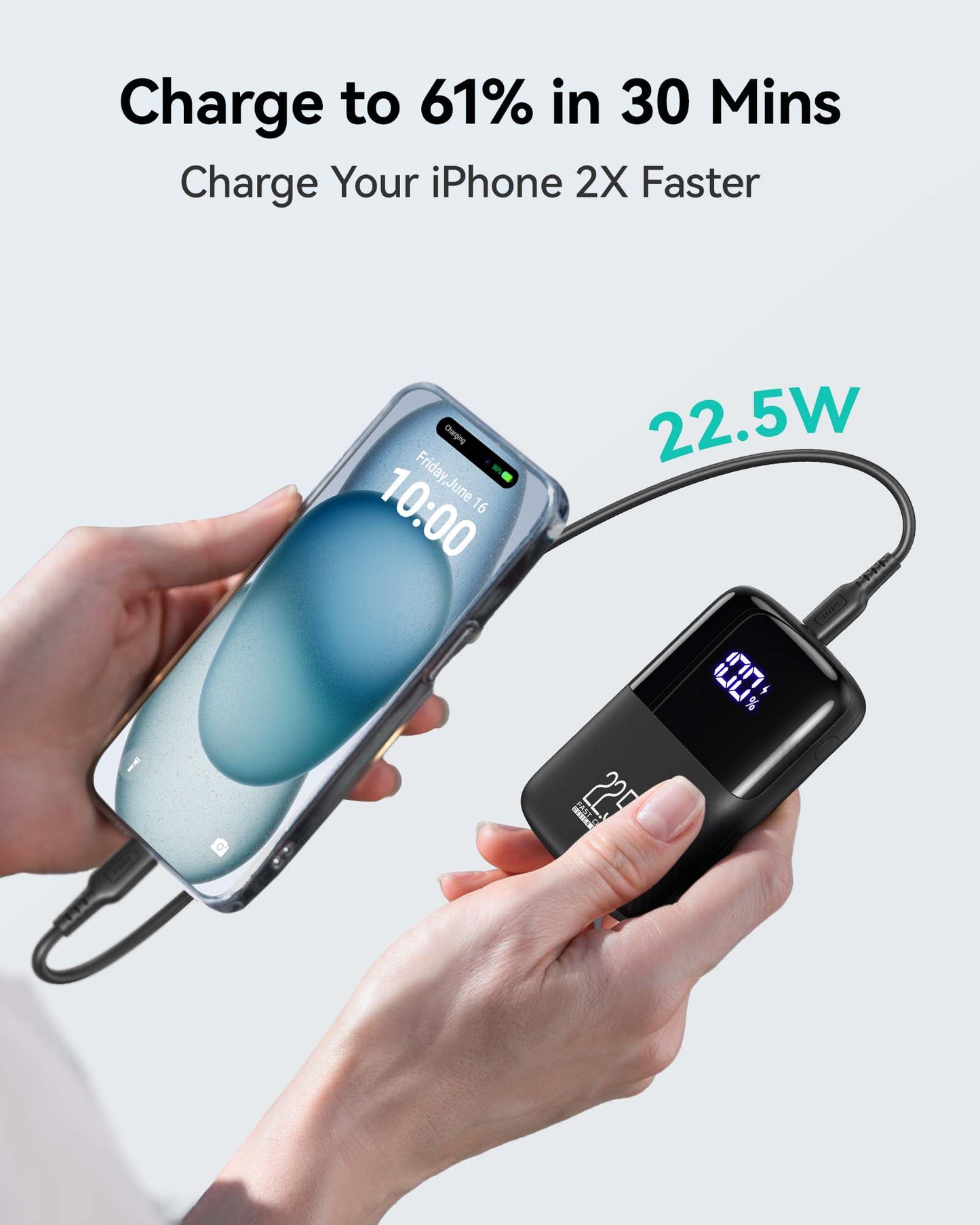 INIU B61 Power Bank charging iPhone: 61% in 30 mins, 22.5W fast charging.