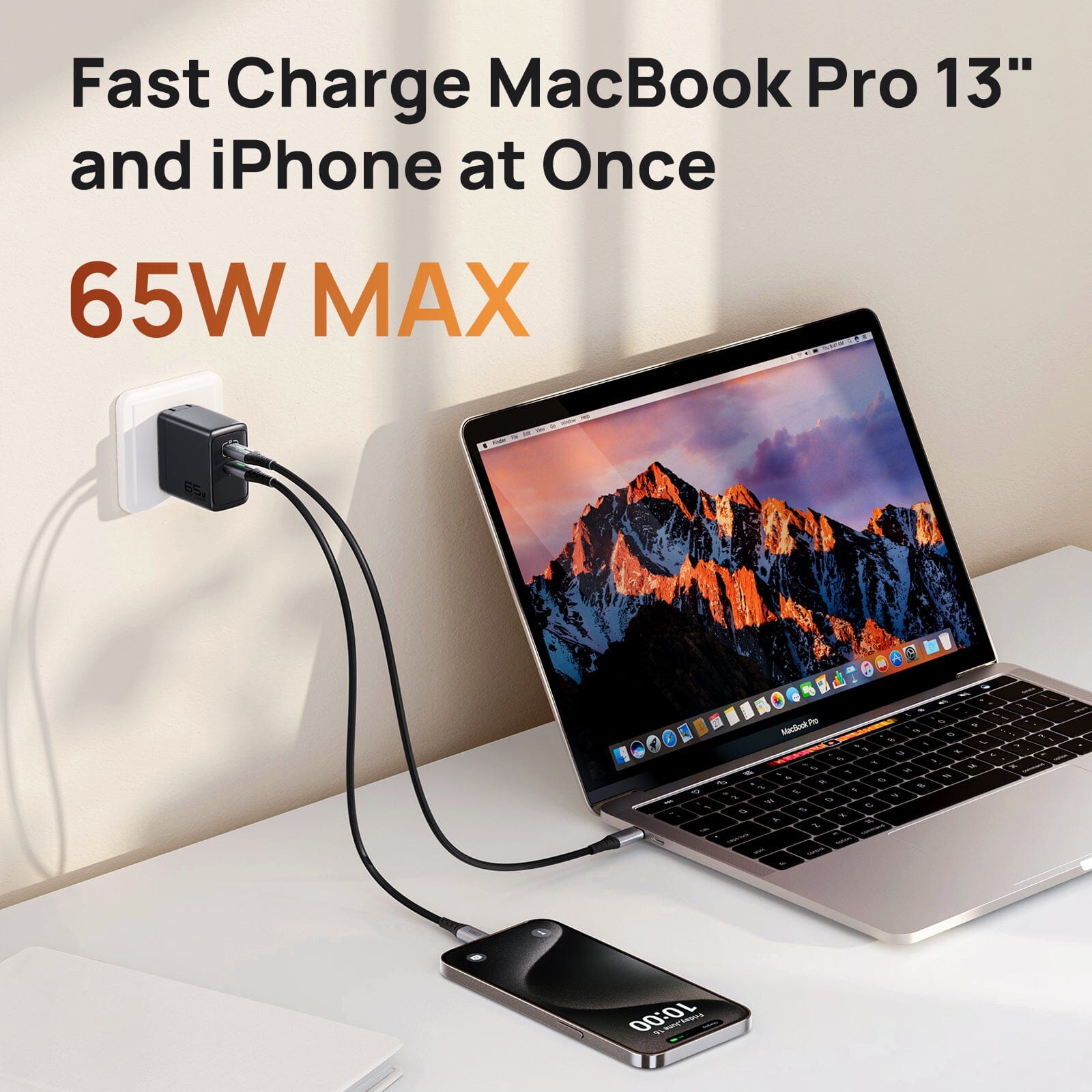 INIU I624 65W Dual Ports Wall Charger fast charging MacBook Pro 13" and iPhone simultaneously, black charger