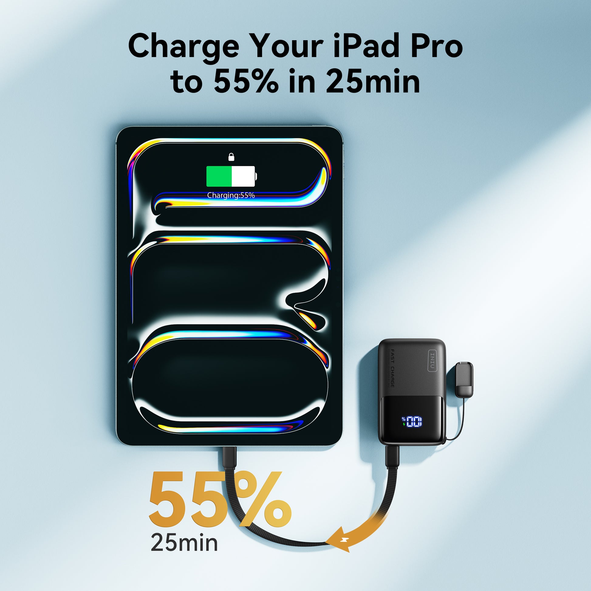 INIU Carry P50-E1 Power Bank charging iPad Pro to 55% in 25 minutes, fast charging
