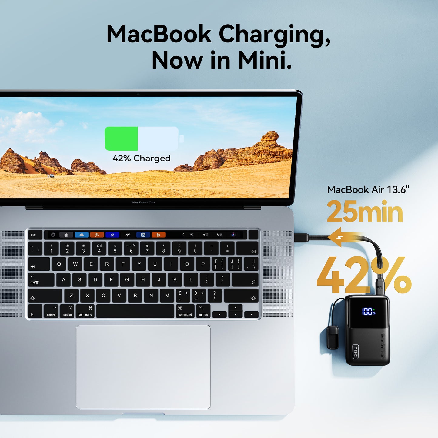INIU P50-E1 charging MacBook Air 13.6" to 42% in 25 minutes, compact fast charge power bank