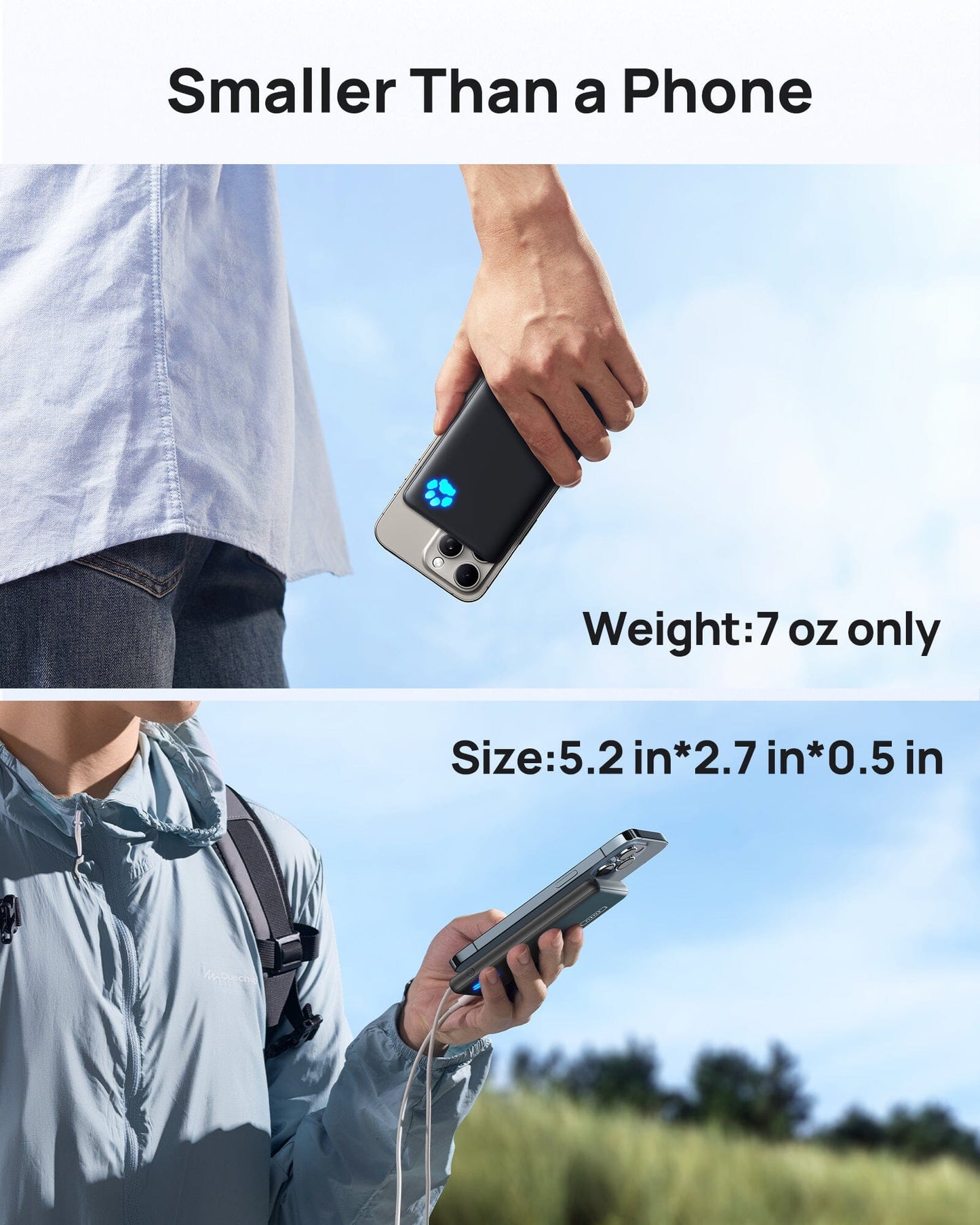 INIU B41 Power Bank: Slim design, 7oz weight, compatible with iPhone and Samsung. Smaller than phone.