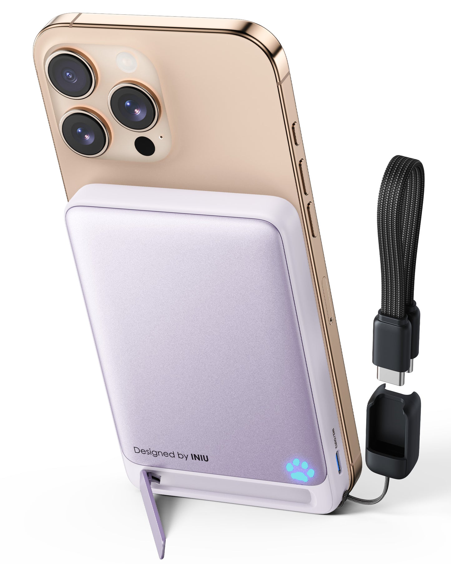 Light purple INIU SnapGo P73-E1 Qi2 power bank magnetically charging a gold iPhone 17 with its foldable stand deployed.
