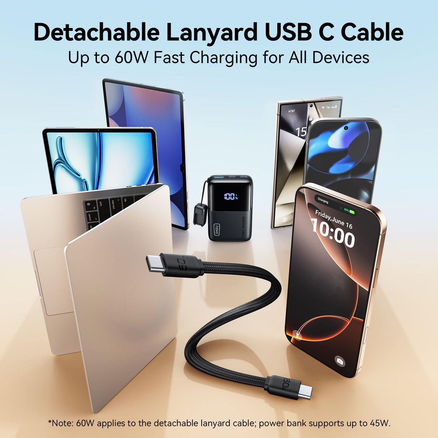 INIU P50-E1 Power Bank with Detachable Lanyard USB C Cable, Fast Charging 60W, Charging iPhone, MacBook, Tablets, Black.