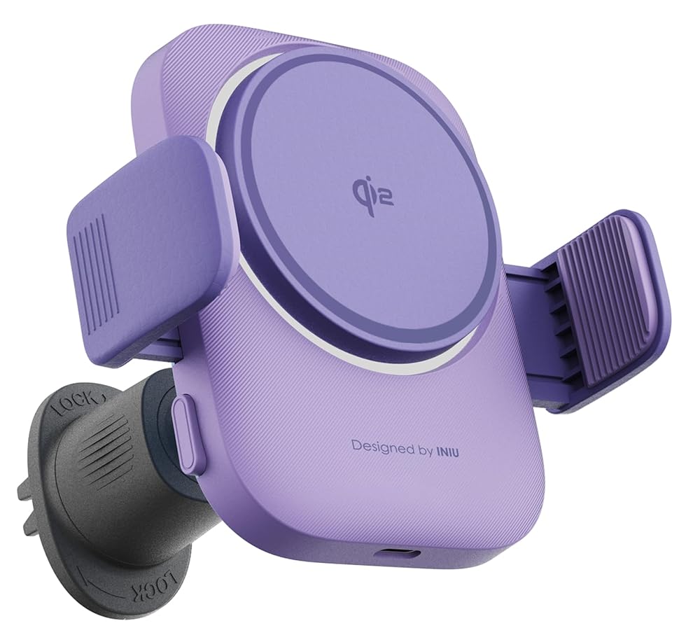 Purple INIU SnapGo Qi2 car charger with anti-bump clamps and air vent mount, providing stable magnetic charging for an iPhone 17.