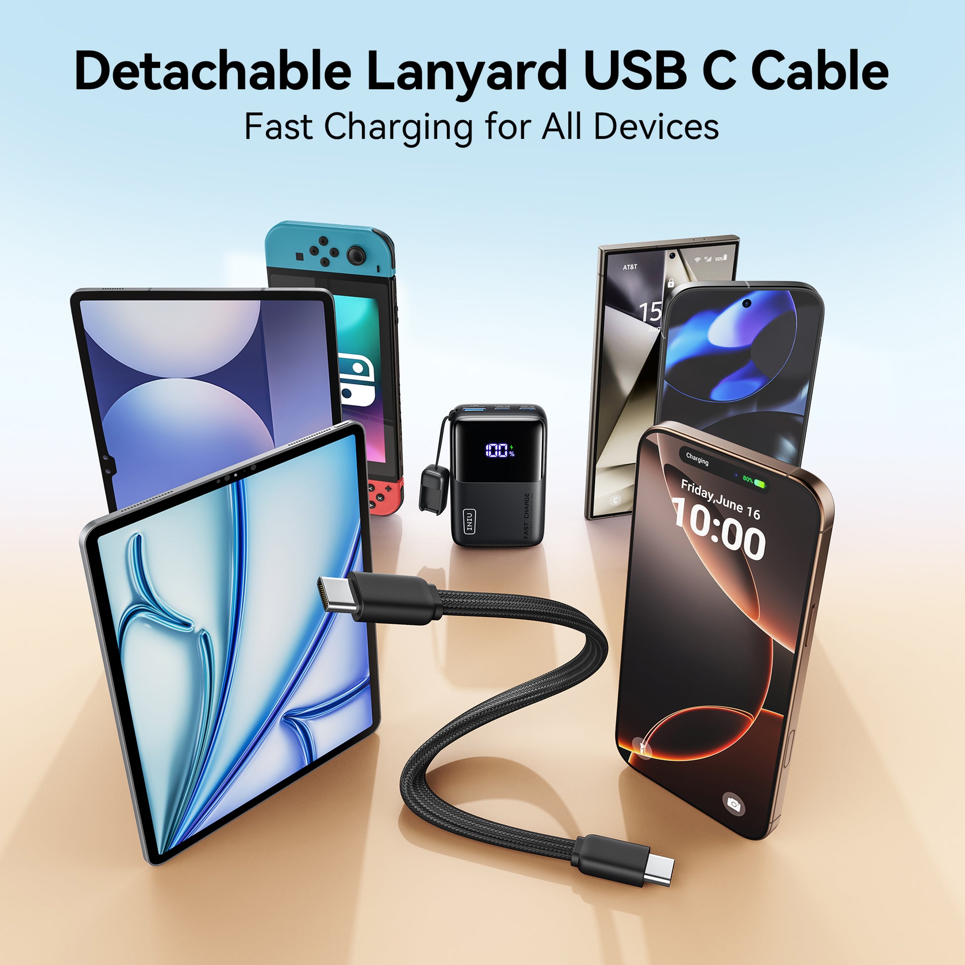 INIU Carry P50-E1 Power Bank with detachable USB-C cable charging various devices, fast charging