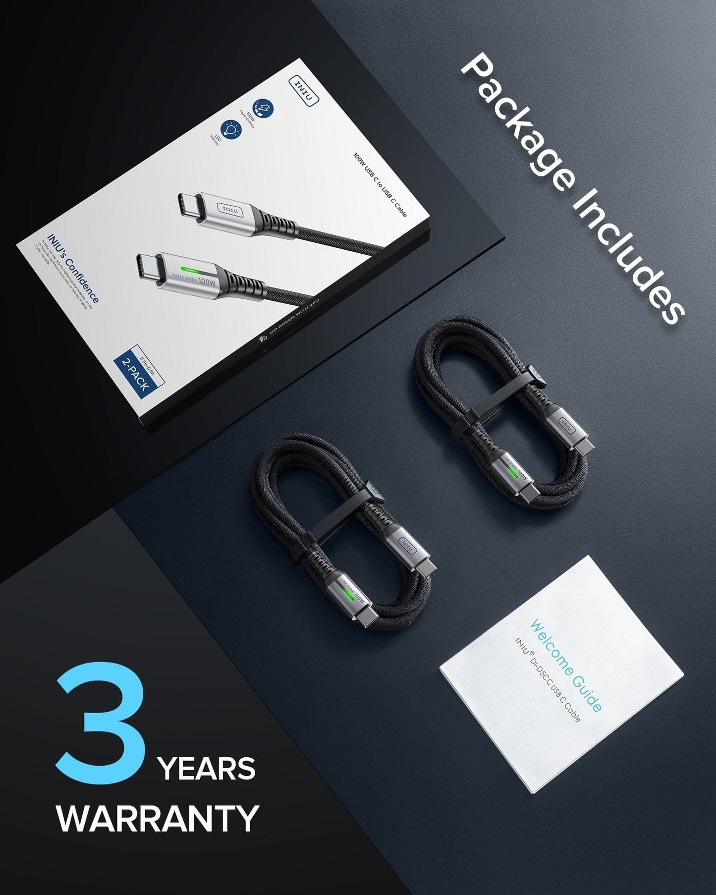 INIU D5CC USB C to C Cable 2-Pack with 3-Year Warranty, 100W Fast Charge, black braided.