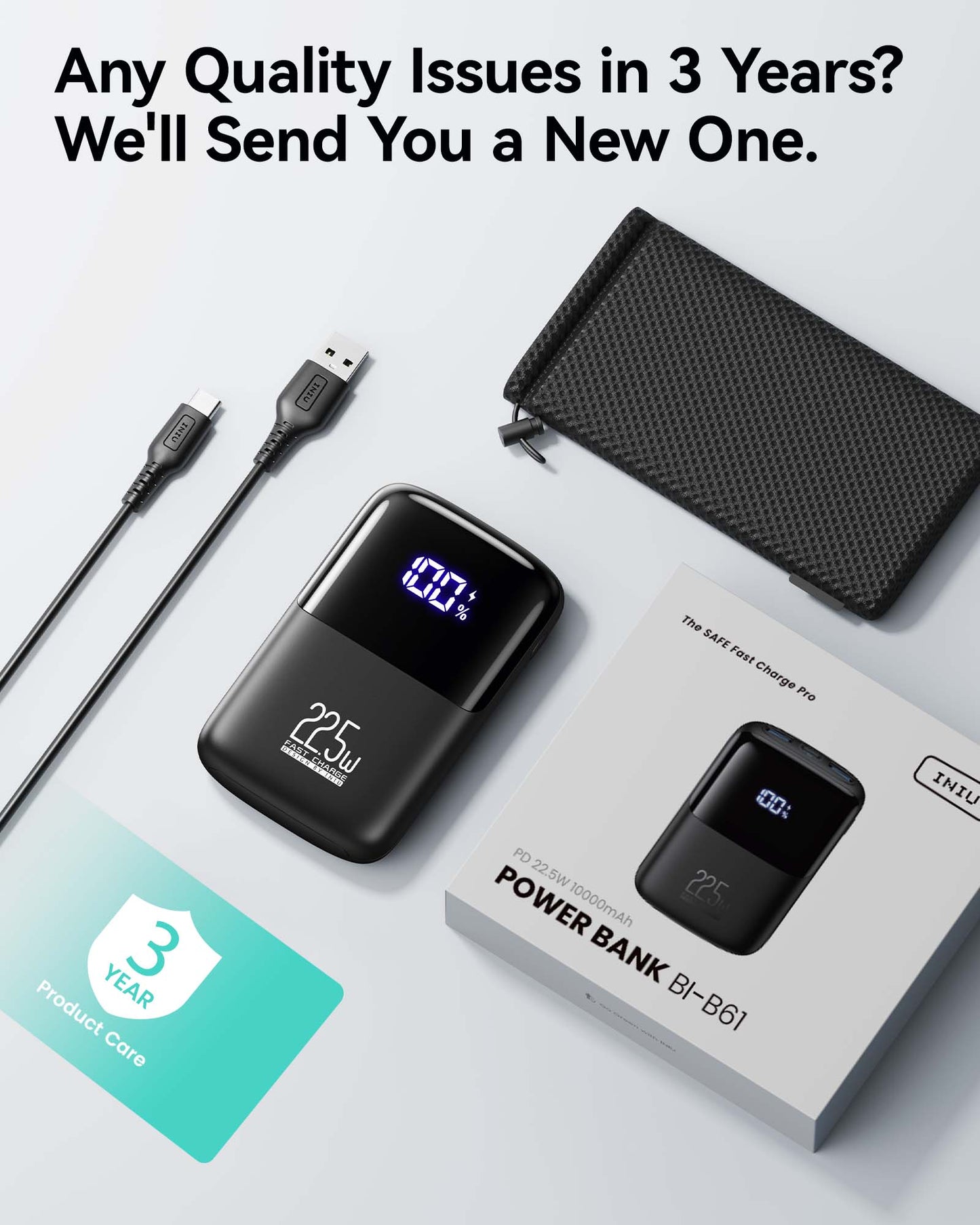 INIU B61 Power Bank with 3-Year Product Care, 22.5W fast charging, black, compact, safe design for fast charging.