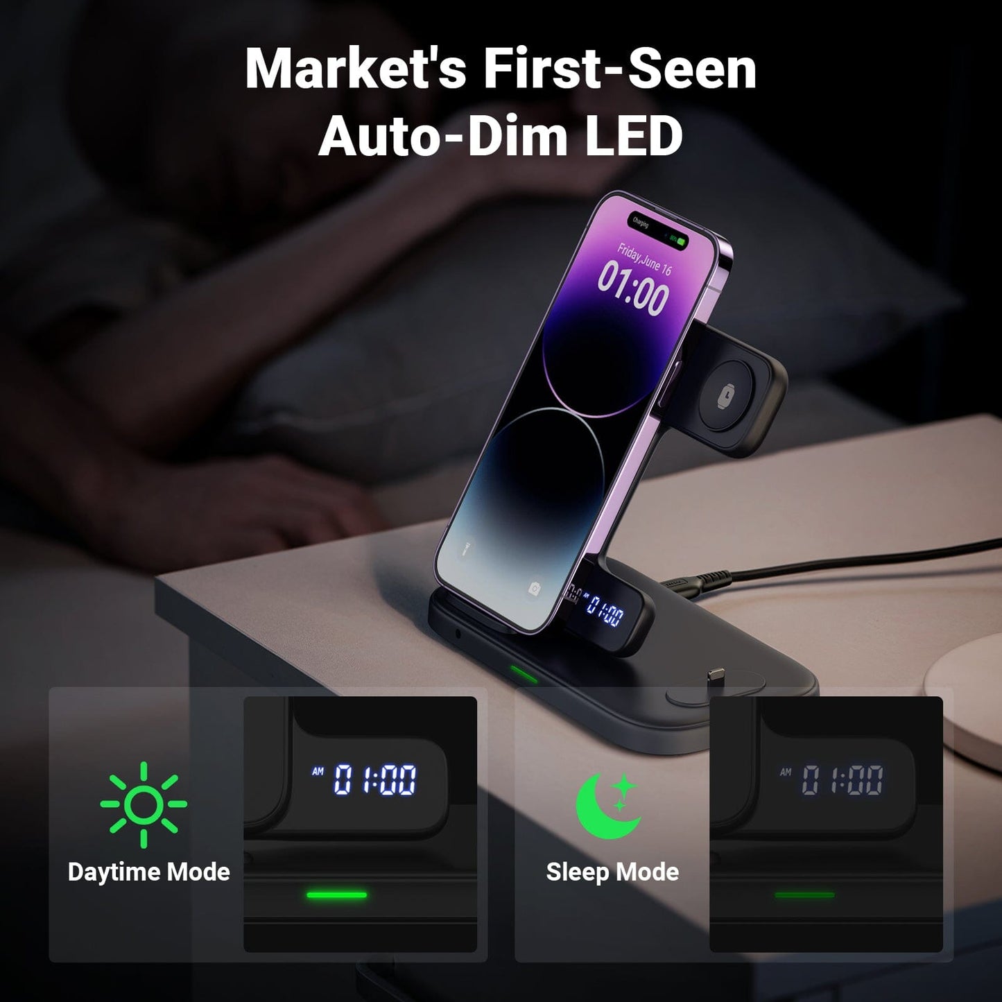 INIU I220 Wireless Charger: Auto-Dim LED, fast charging iPhone, Apple Watch, and AirPods, black