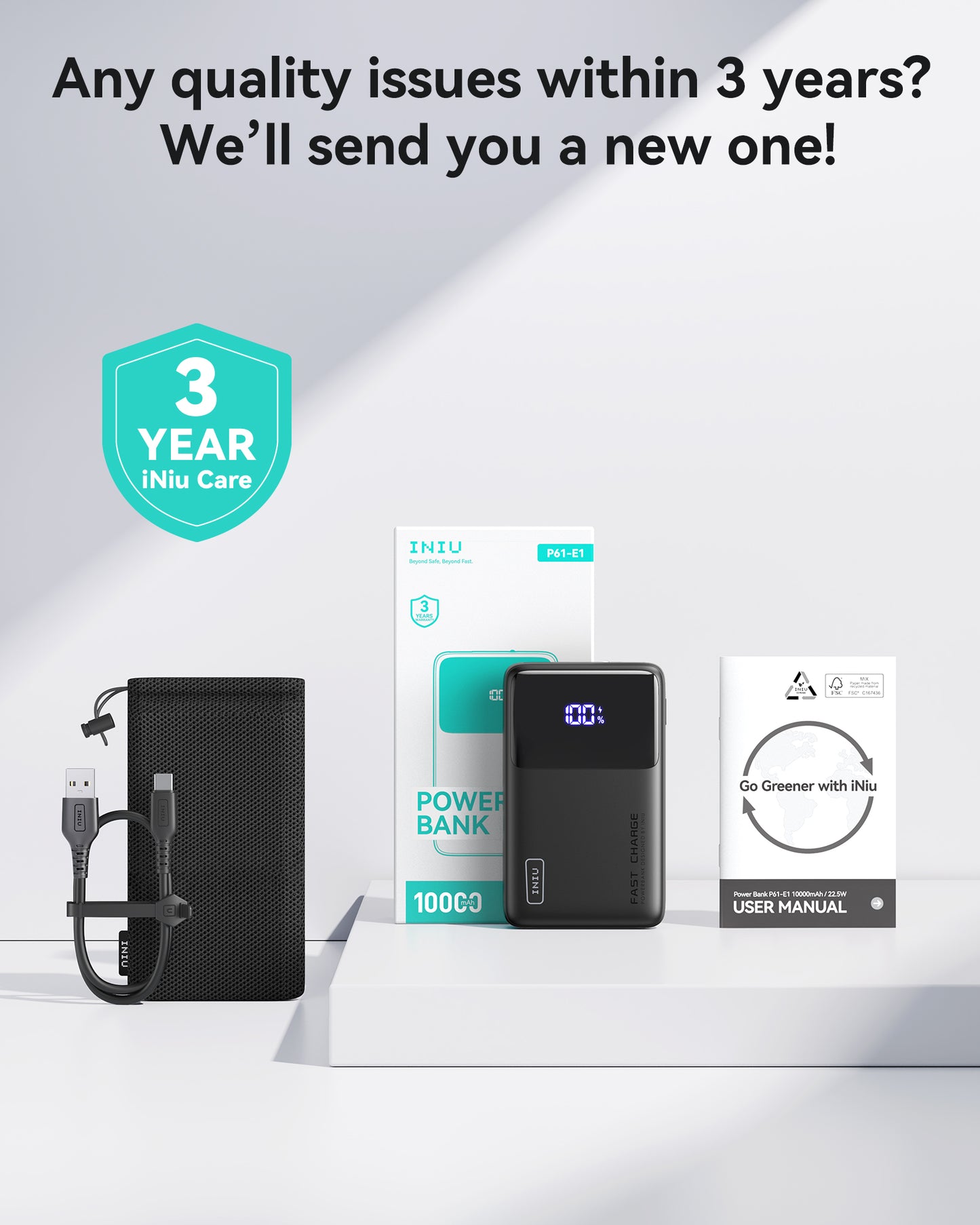 INIU P61-E1 Power Bank with 100% charge displayed, 3-year warranty, 10000mAh capacity, and included accessories.