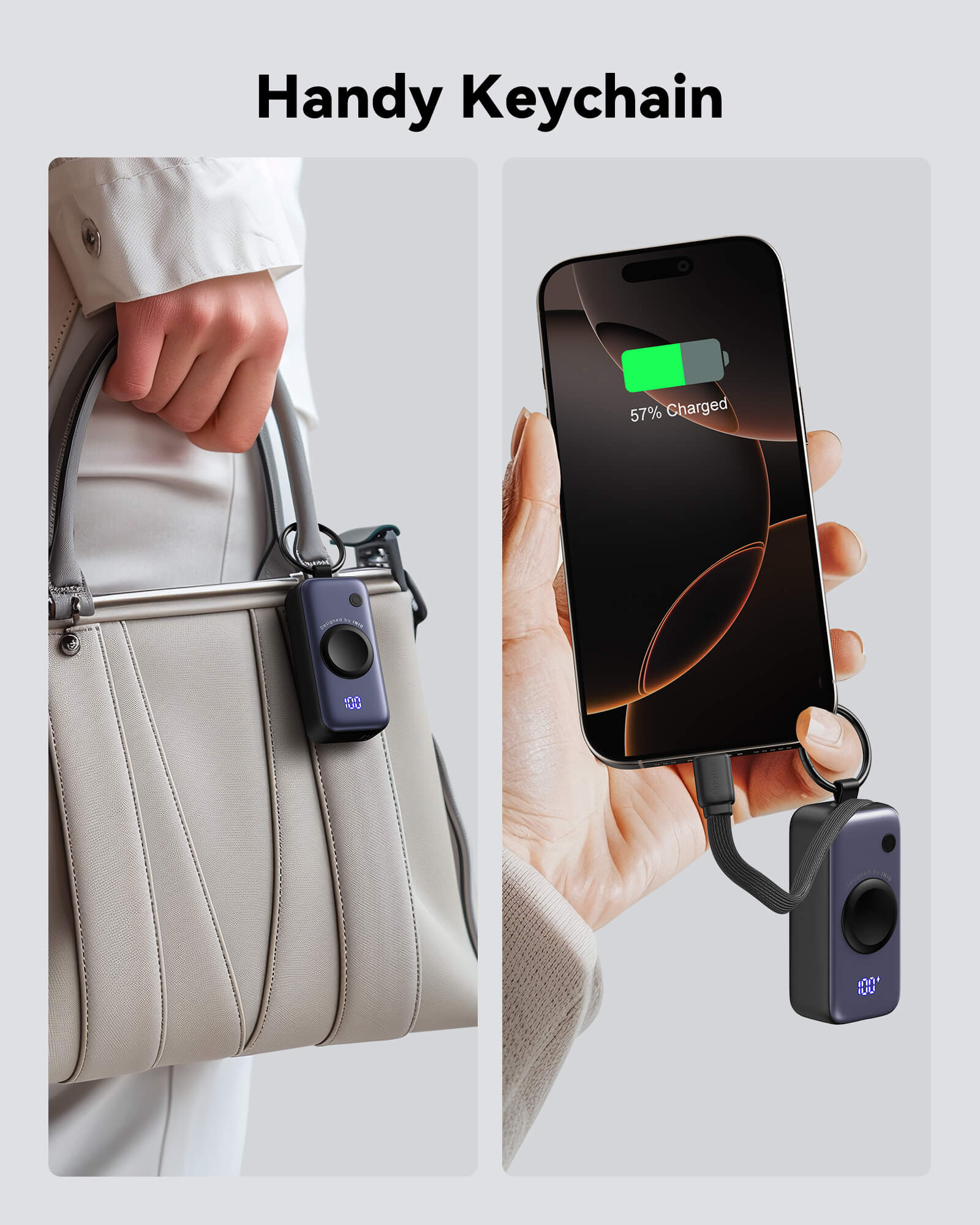 INIU P81-E1 Power Bank: Handy keychain design for iPhone charging. Wireless charger for iWatch and iPhone, 5000mAh.
