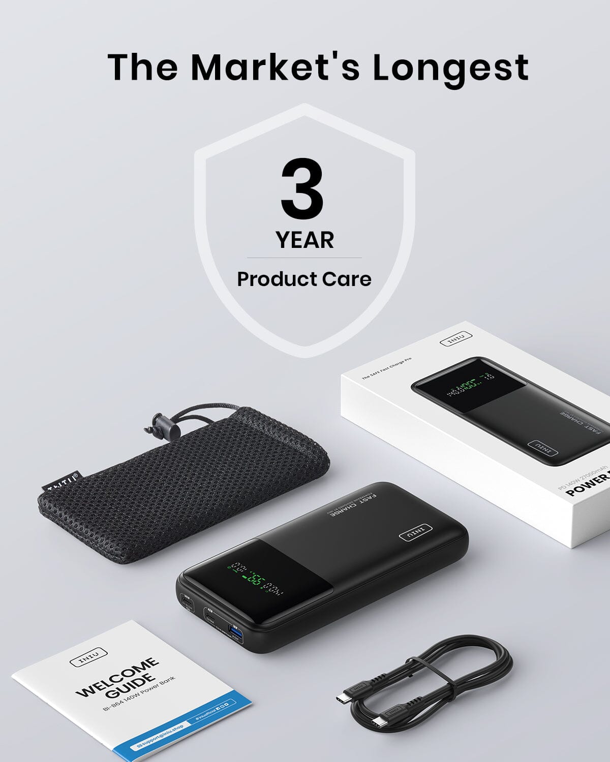 INIU B64 Power Bank with 3-Year Product Care. Includes power bank, cable, pouch, and guide.