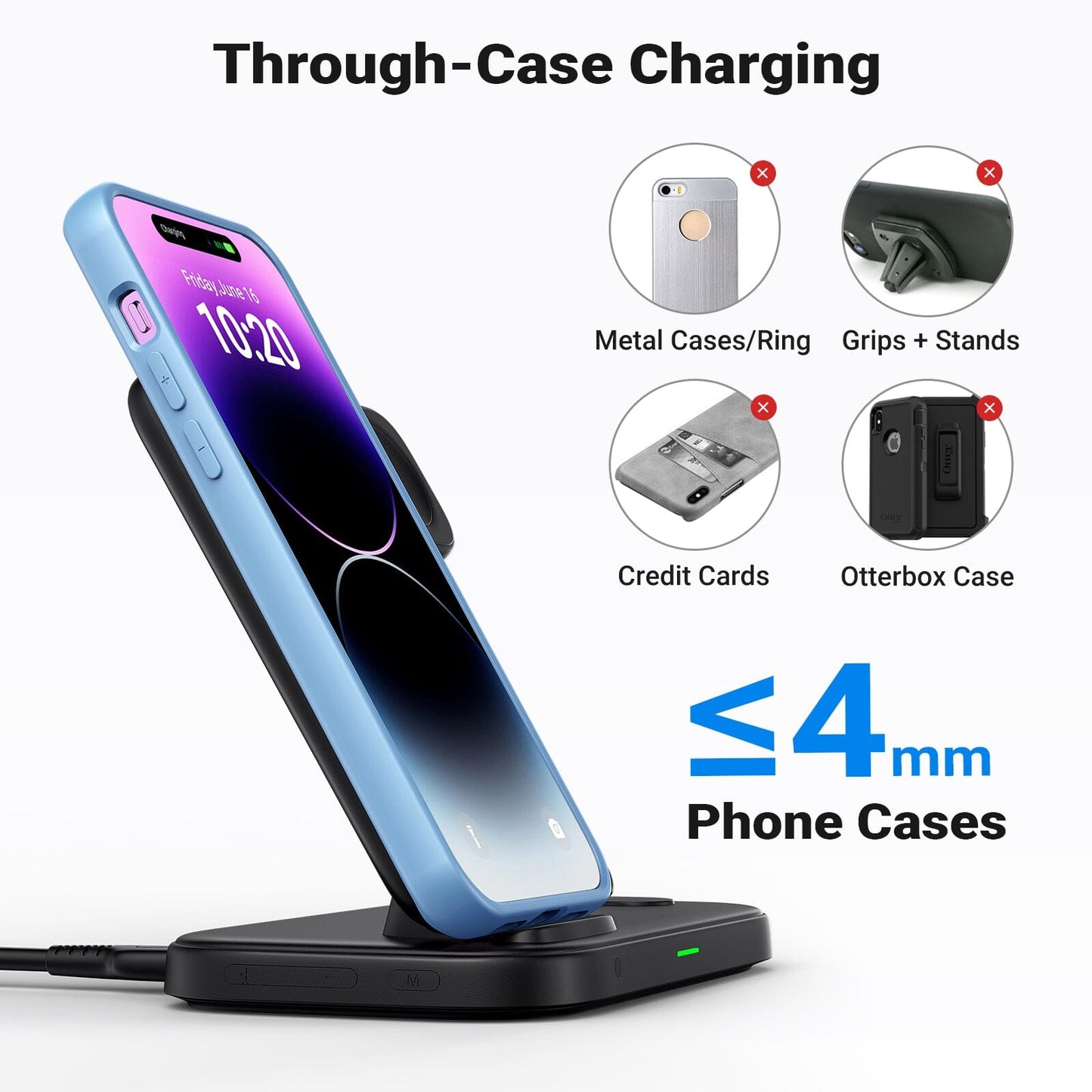 INIU I220: Through-Case Charging, charges iPhone through cases up to 4mm.
