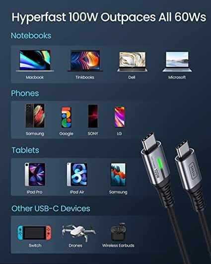 INIU D5CC 100W USB C Cable: Hyperfast charging, compatible with laptops, phones, tablets, Switch, etc.