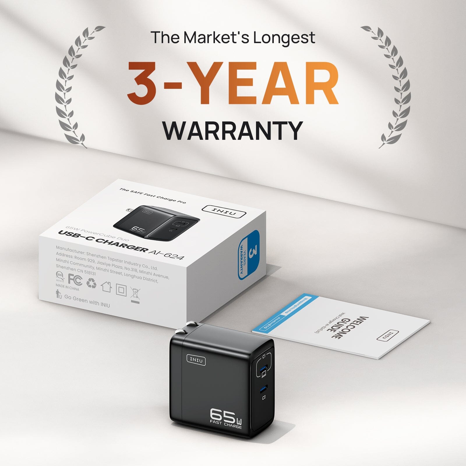 INIU I624 65W Charger with 3-Year Warranty, black design, fast charging USB-C ports, The Market's Longest Warranty