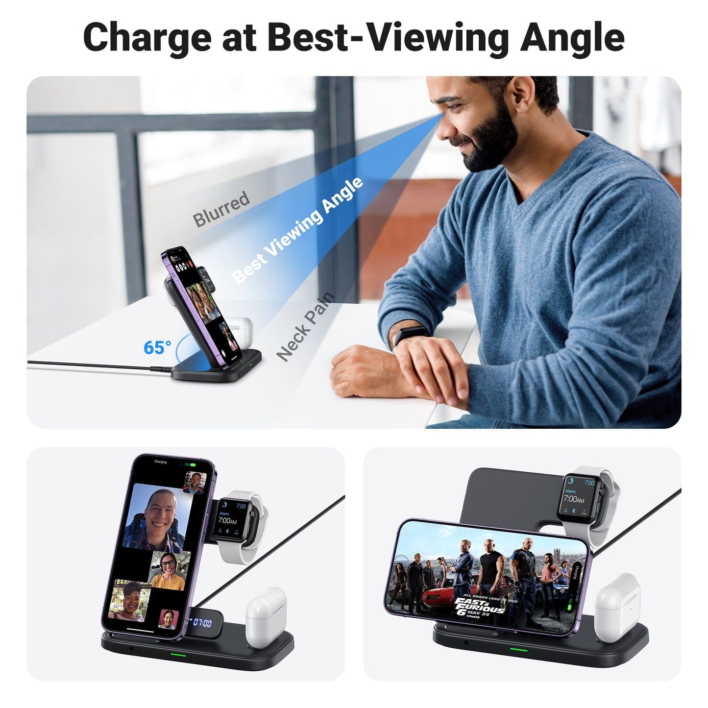 INIU I220 Wireless Charger: Best Viewing Angle for iPhone, Apple Watch, and AirPods charging.