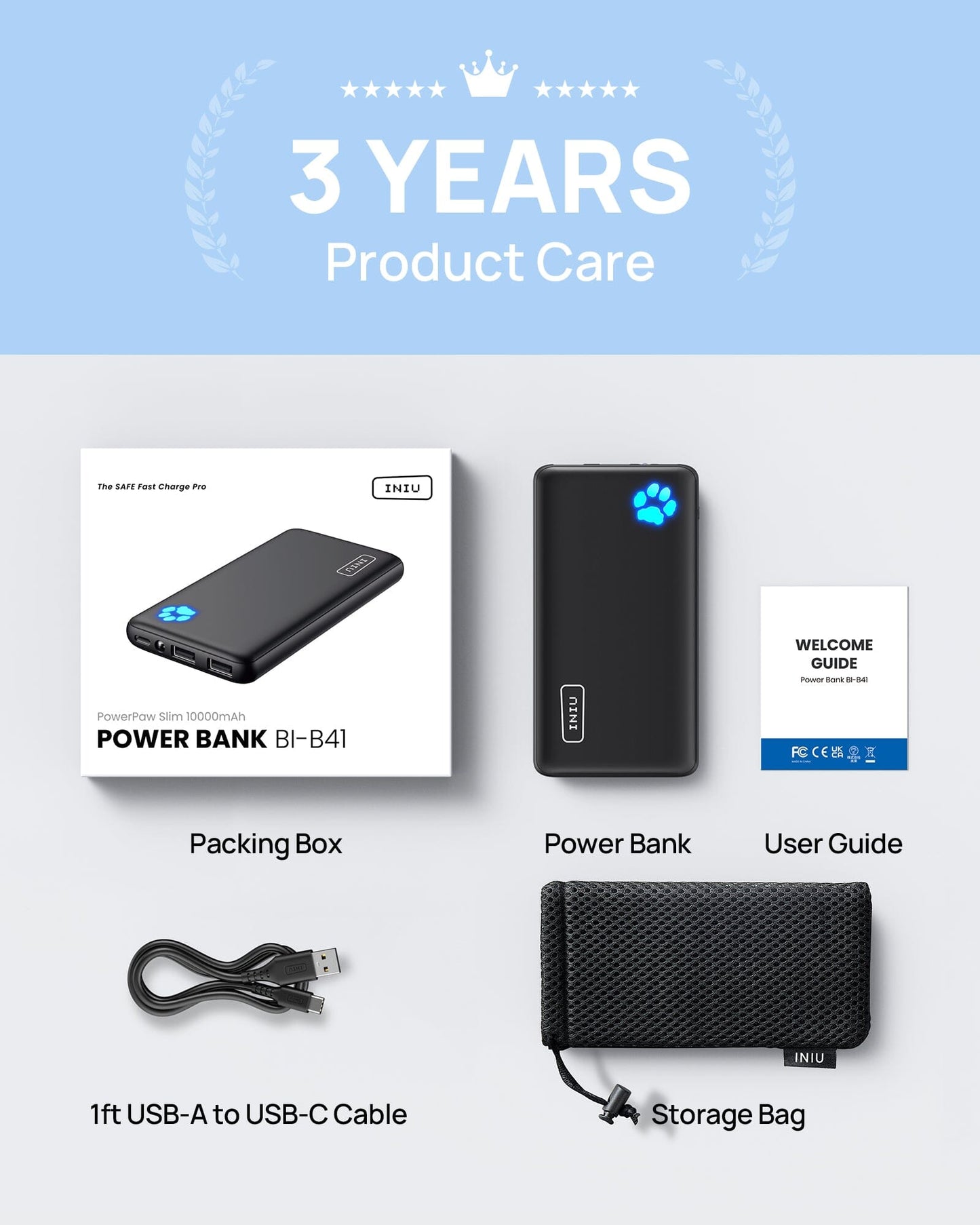 INIU BI-B41 Power Bank Kit: Black power bank, USB-C cable, pouch, 3-year warranty for iPhone & Samsung.