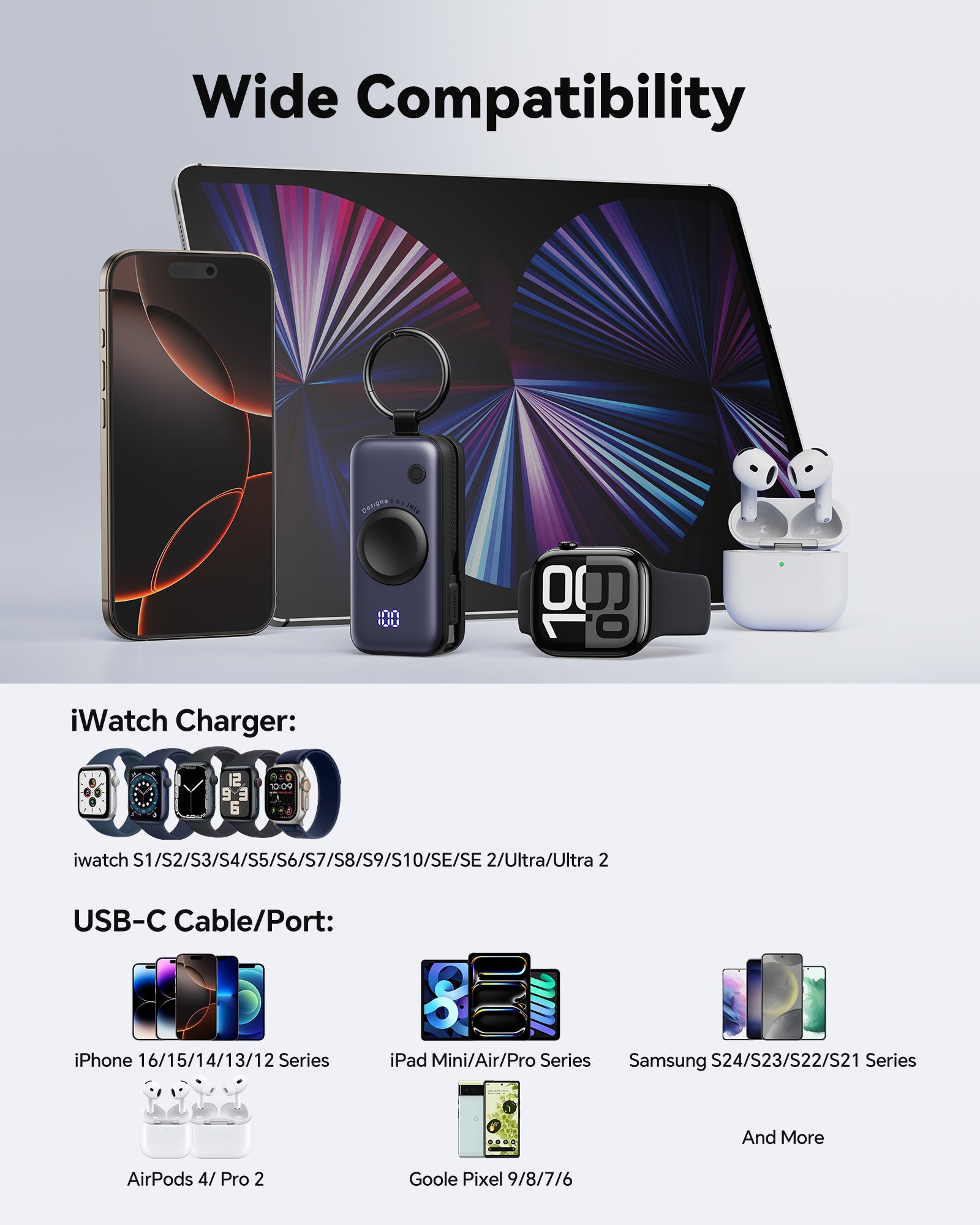 INIU SnapGo P81-E1 power bank for iPhone, iWatch, AirPods. USB-C and wireless charging. Portable design.