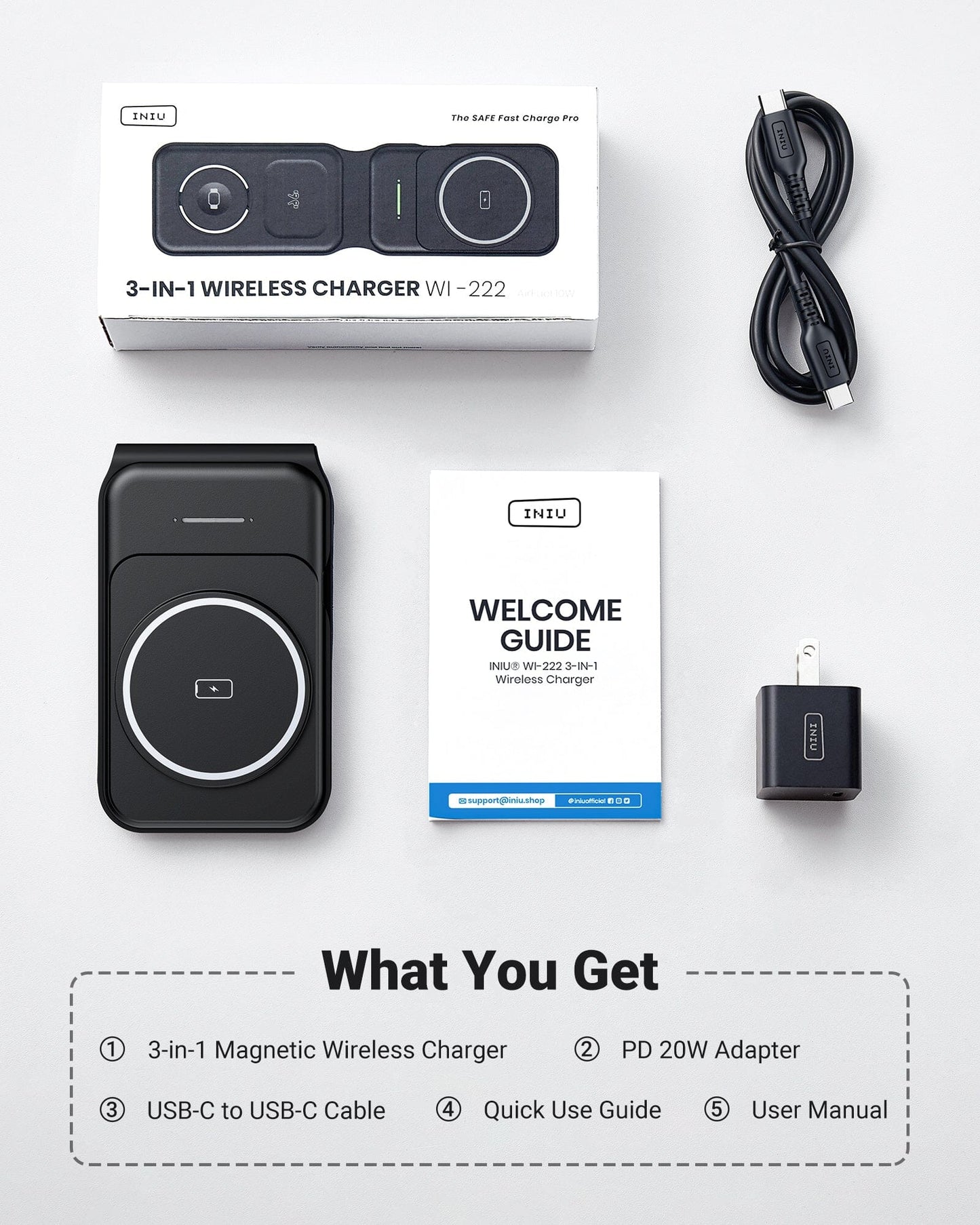 INIU WI-222 3-in-1 Wireless Charger Kit: Black charger, cable, adapter, welcome guide.