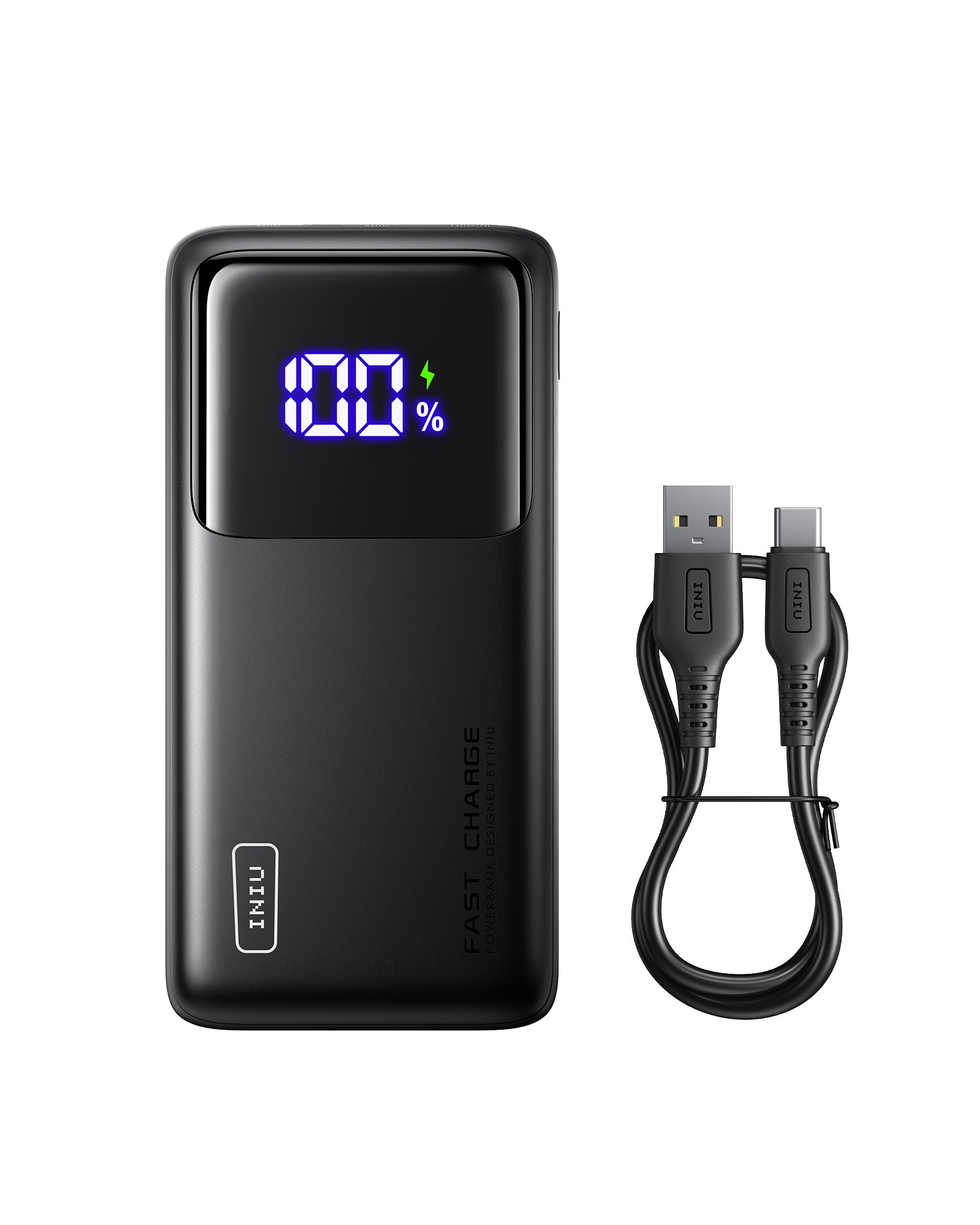 INIU B63 100W Power Bank: Black with digital display showing 100%, USB-C cable. FAST CHARGE for laptops and phones.