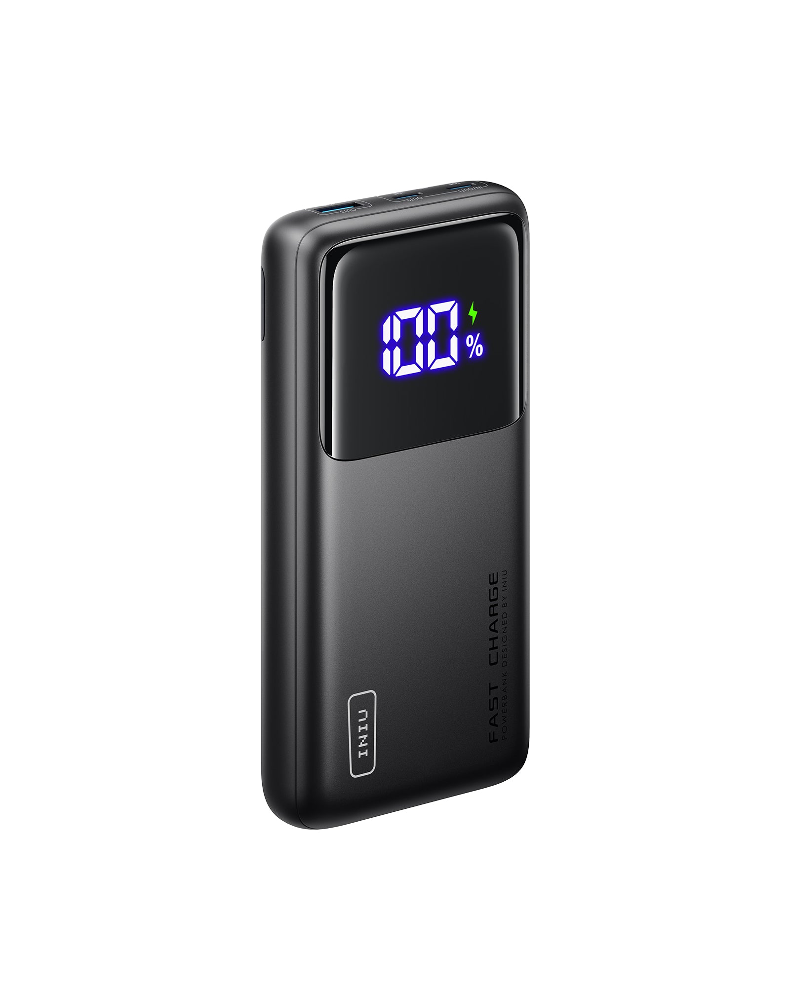 INIU B63 100W Power Bank: Black, digital display shows 100% with fast charge. Designed by INIU.