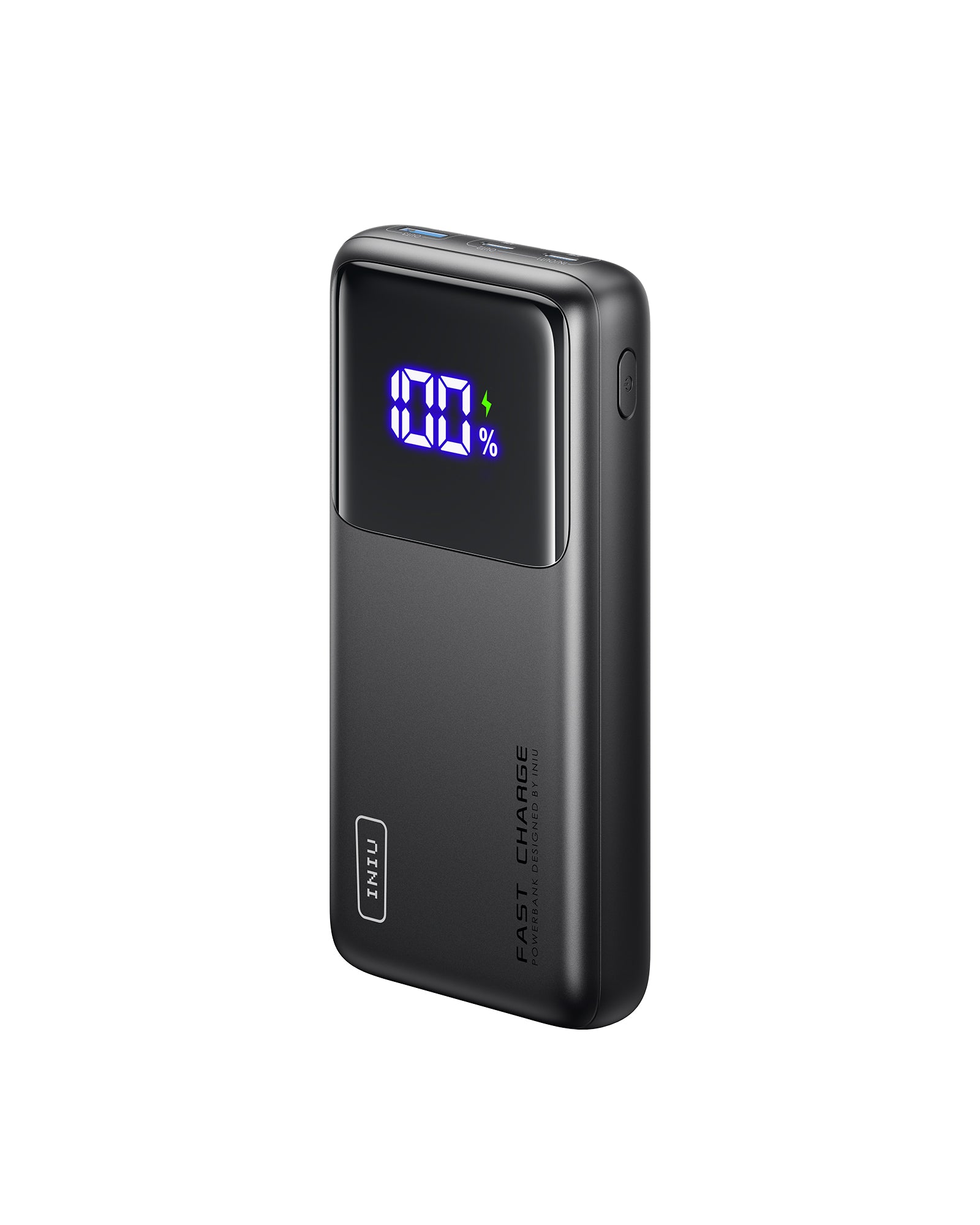 INIU B63 Power Bank: Black, digital display shows 100% charge with FAST CHARGE.
