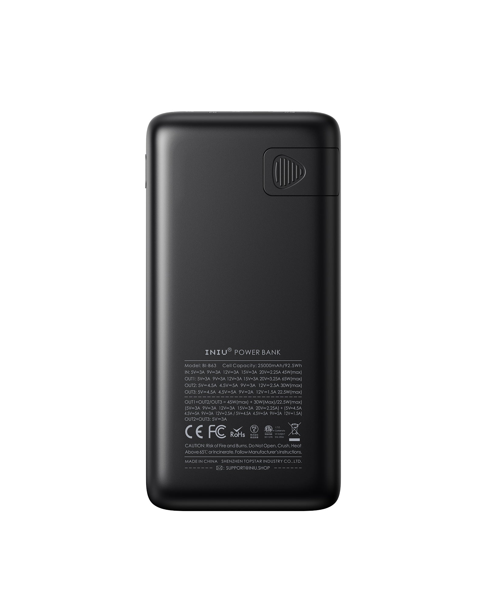 INIU B63 Power Bank: Black portable charger with specifications and safety certifications, 25000mAh for fast charging