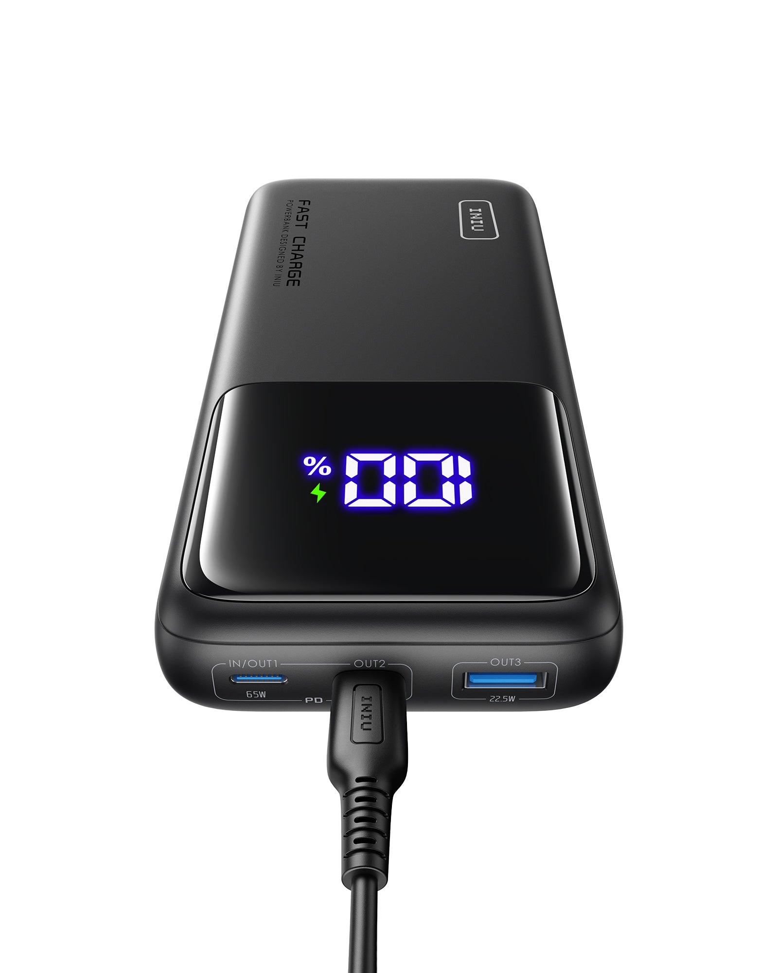 INIU B63 Power Bank showing 100% charge with FAST CHARGE, black design with multiple ports and a digital display.