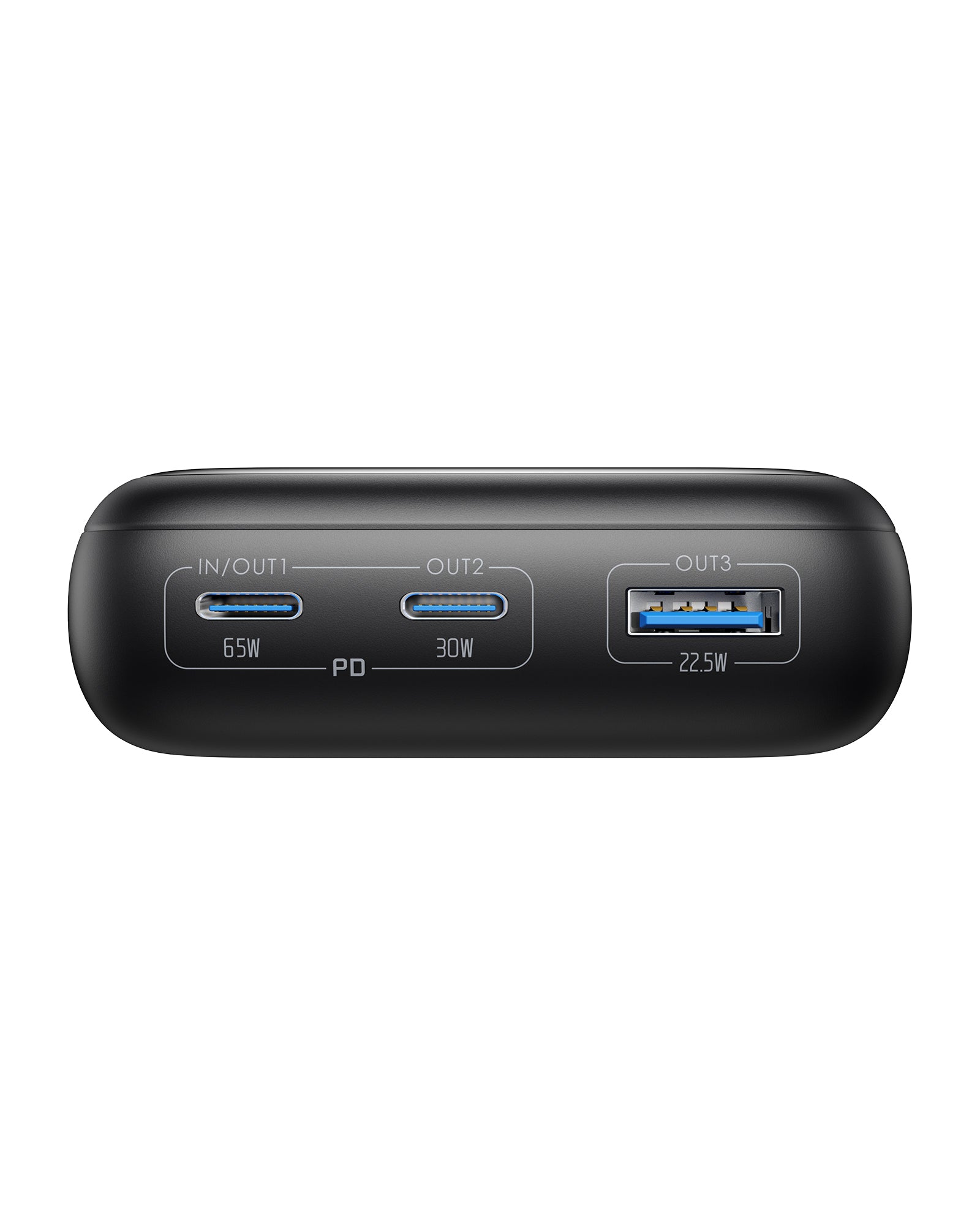 INIU B63 Power Bank: Black portable charger with multiple output ports and power ratings, including 65W and 22.5W.