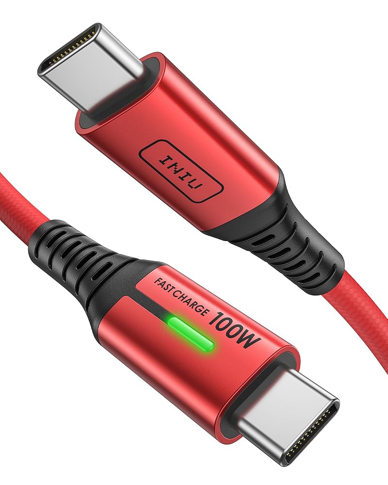 INIU D5CC 100W USB C Cable: Red braided design, USB-C connectors, Fast Charge 100W, with indicator light.