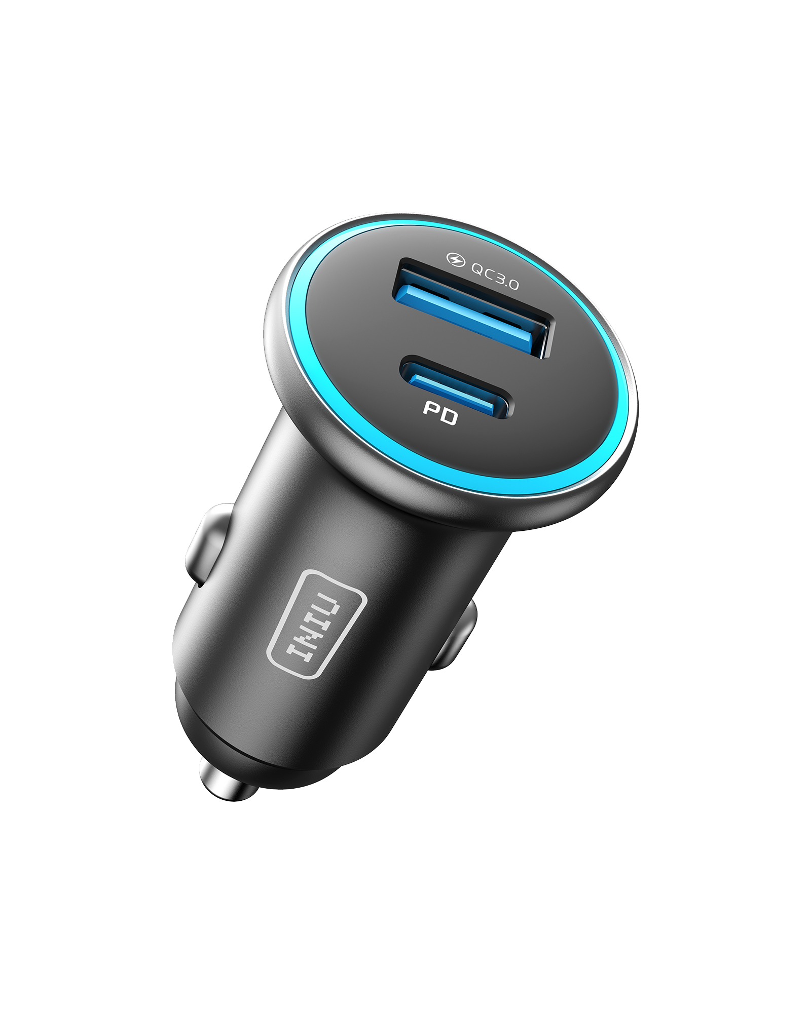 INIU I712 2-Port Fast Car Charger. Black car charger with blue accents, USB-A and USB-C ports, QC 3.0 and PD charging.