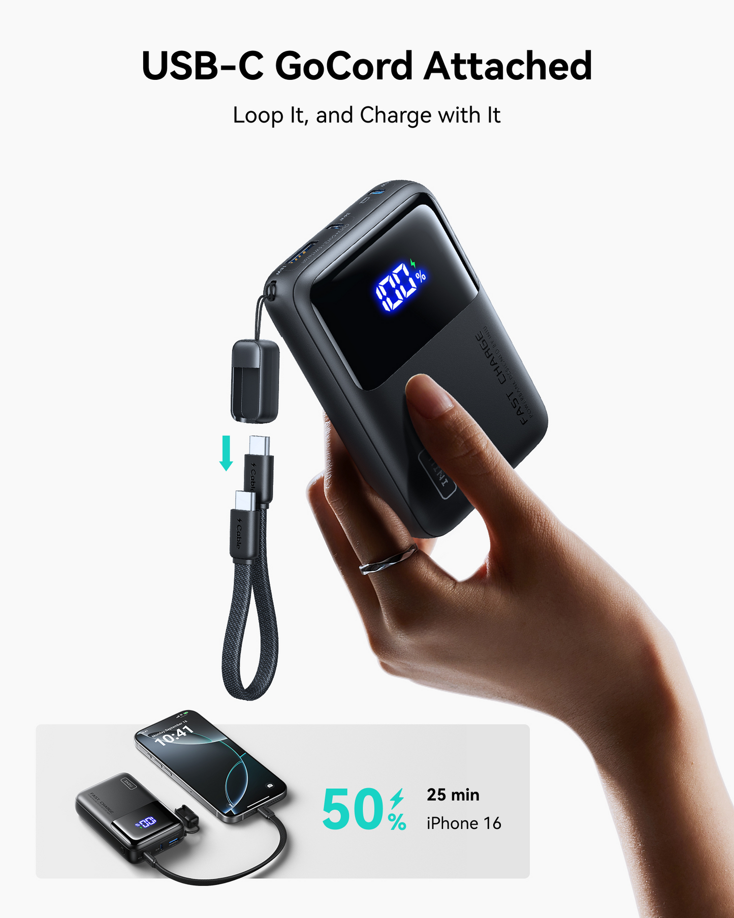 INIU 65W 20000mAh power bank with attached GoCord, charges iPhone 50% in 25 min. Black Friday tech gift.