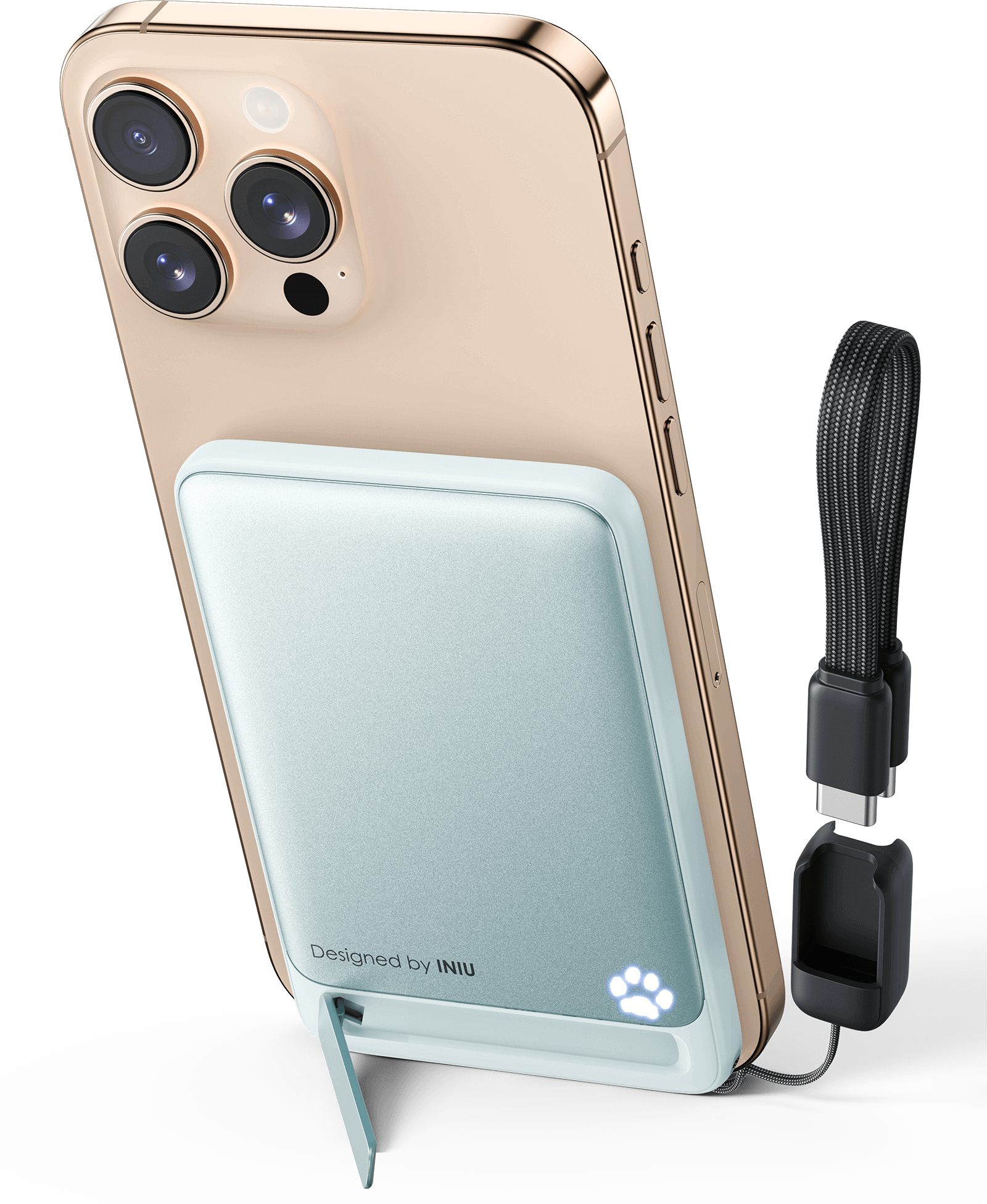 INIU SnapGo P71-E1: Magnetic power bank with stand charging iPhone, Designed by INIU, USB-C cable included.