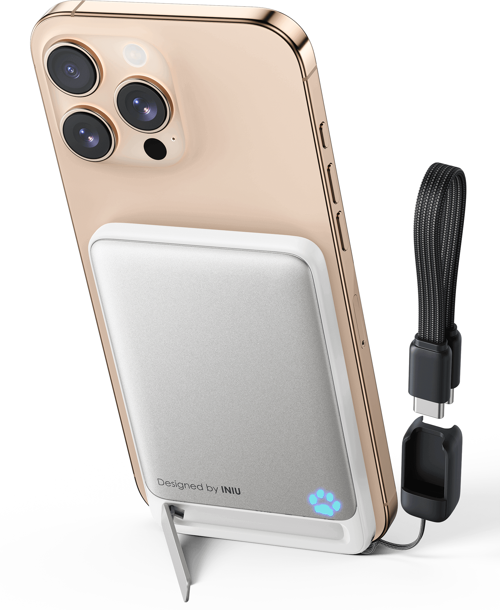 INIU SnapGo P71-E1: iPhone 16 charging with magnetic power bank, foldable stand, USB-C, Designed by INIU.