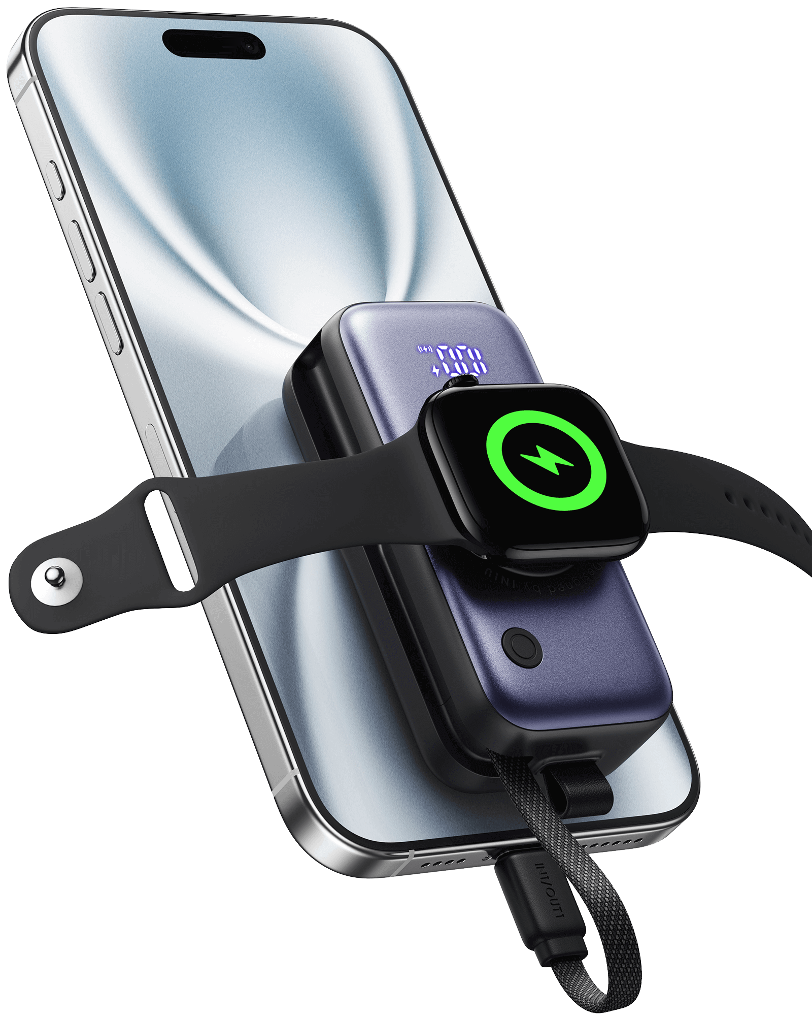 INIU SnapGo P81-E1 Power Bank charging Apple Watch. USB-C cable, digital display shows power.
