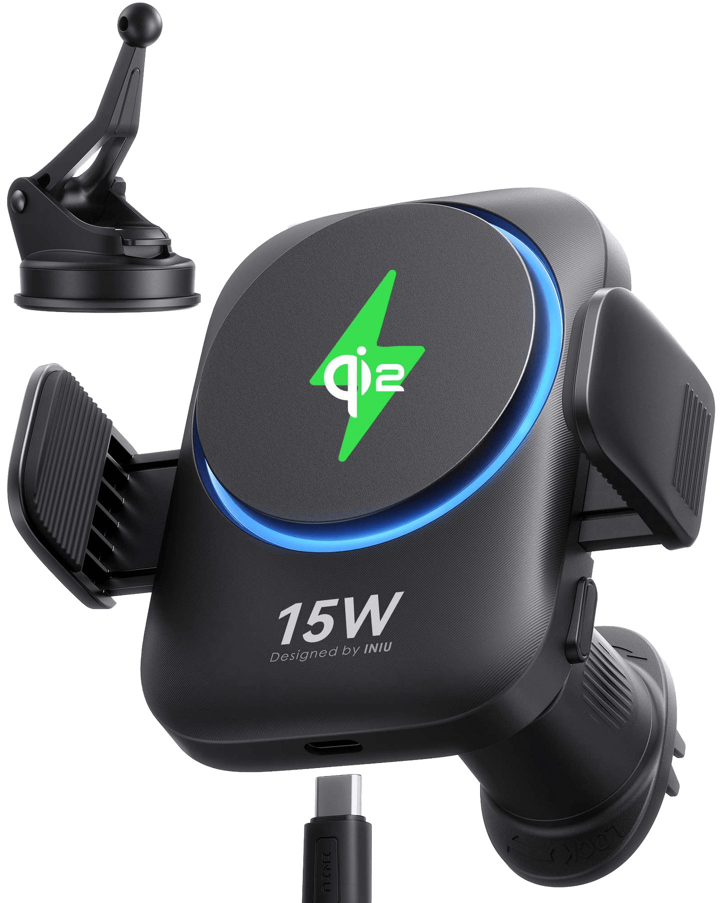 INIU SnapGo V11-E1 Qi2 15W car charger with anti-bump clamps, providing stable magnetic charging for devices like iPhone 17.