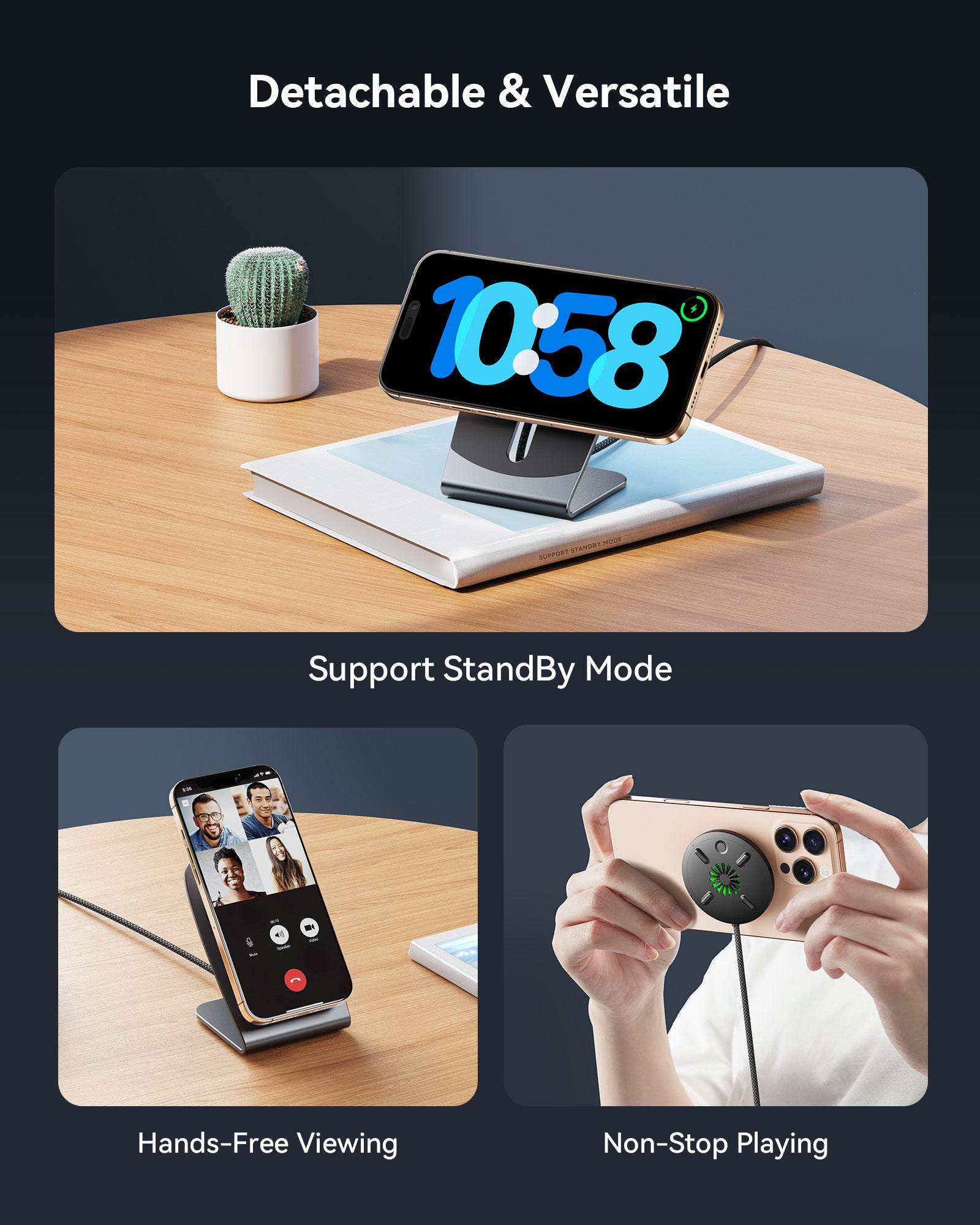 INIU W21-E1 magnetic charger showing versatile uses: stand for hands-free viewing and detached puck for gaming. Ready for iPhone 17.
