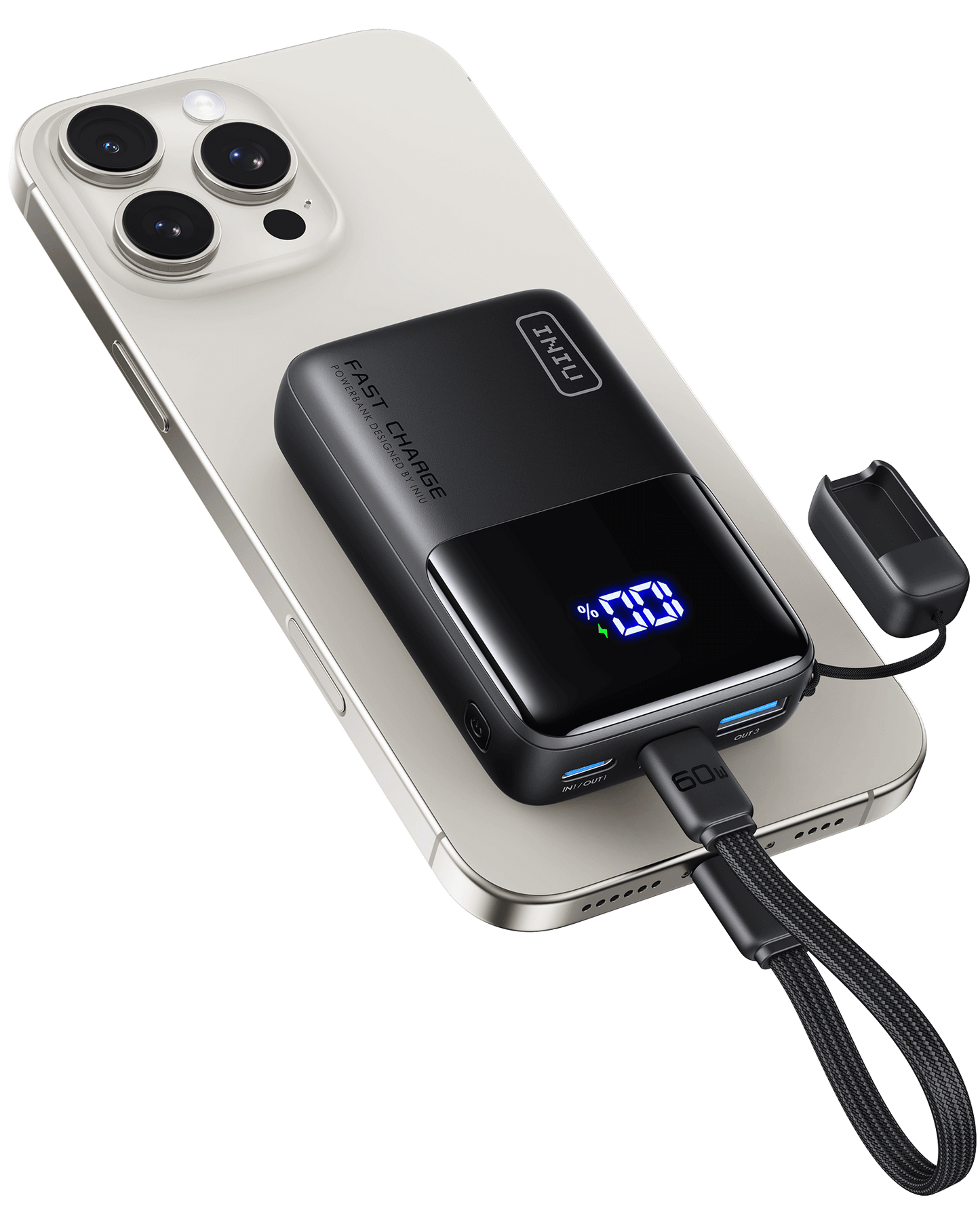 INIU P50-E1 Power Bank charging iPhone, Fast Charge, 60W output, black, compact design