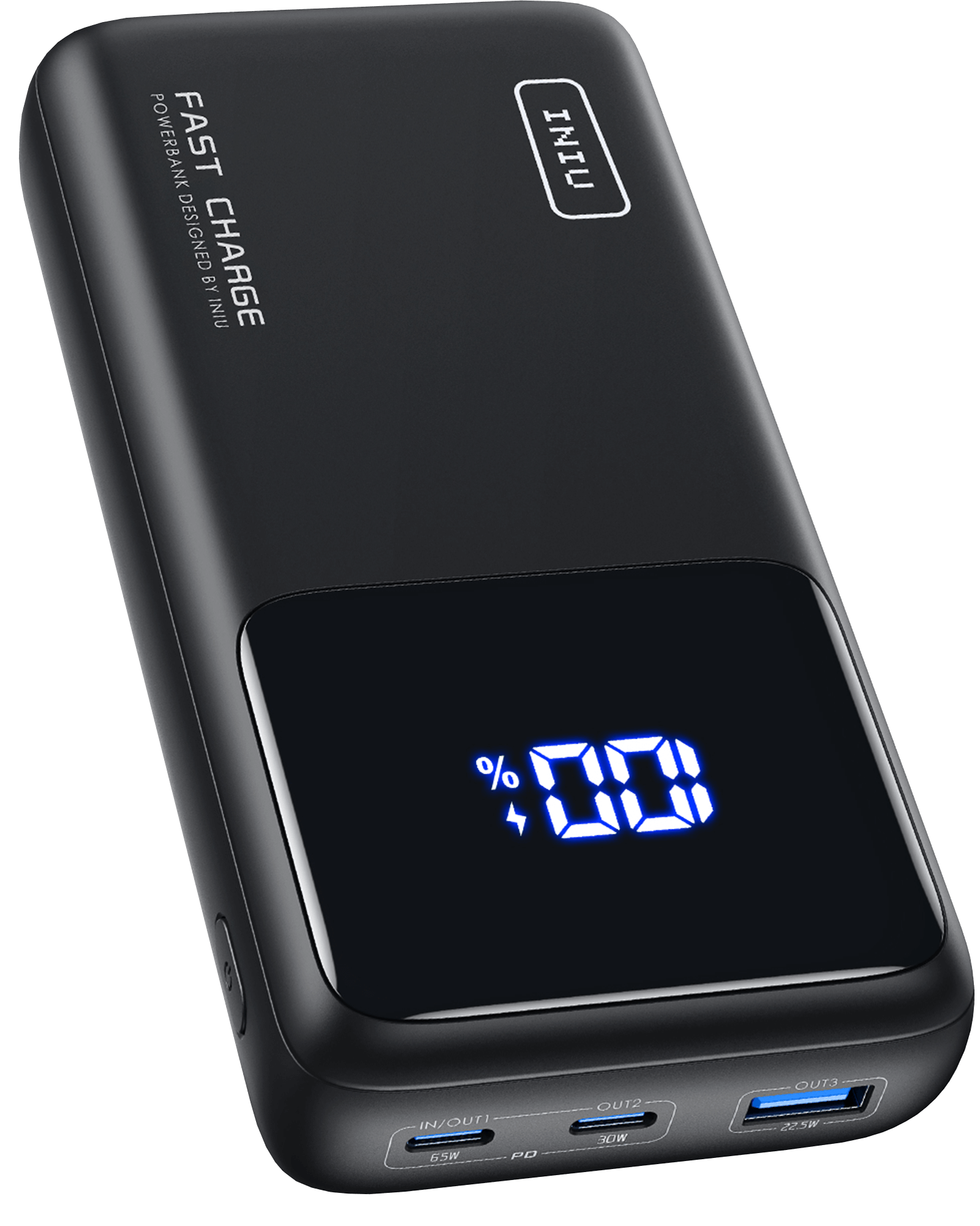 INIU B63 Power Bank: Black, digital display, FAST CHARGE, IN/OUT ports.
