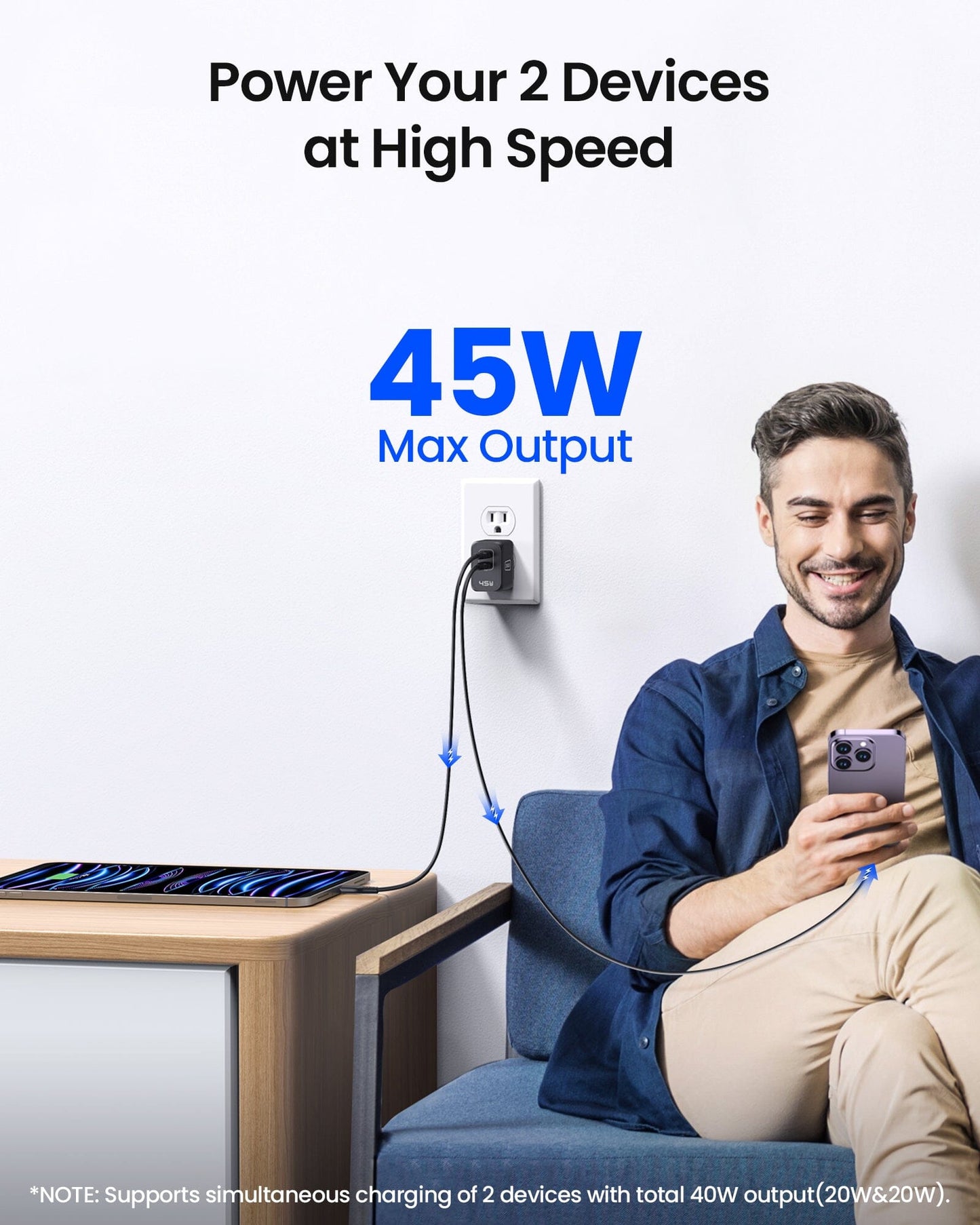 INIU I622 USB C cargador 45W, GaN PD Dual Port Tipo C Cargador Bloque de carga rápida, plegable USB-C cargador de pared adaptador de corriente