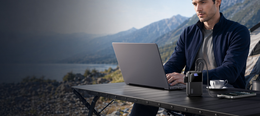 Laptop with INIU Cougar P63 portable laptop charger outdoors