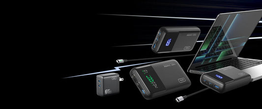 INIU power bank with fast charging, charging laptop with a digital display.