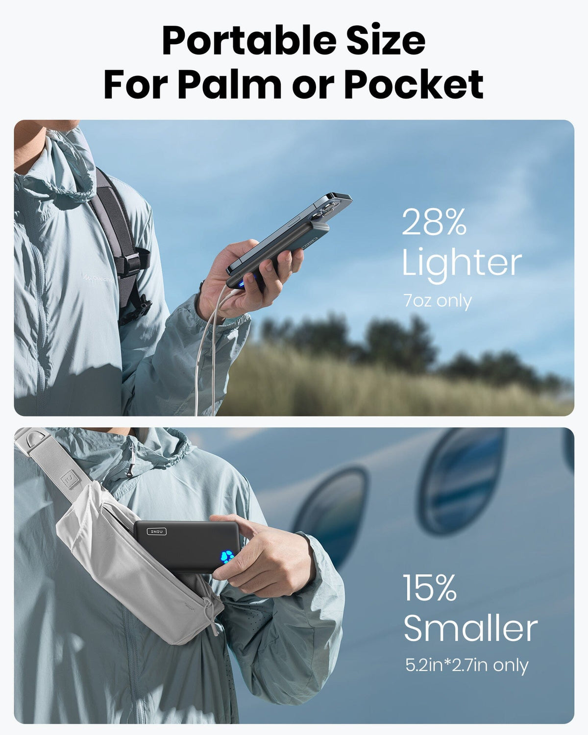 INIU B41 - Slim portable power bank shown in pocket and hand, demonstrated with phone.