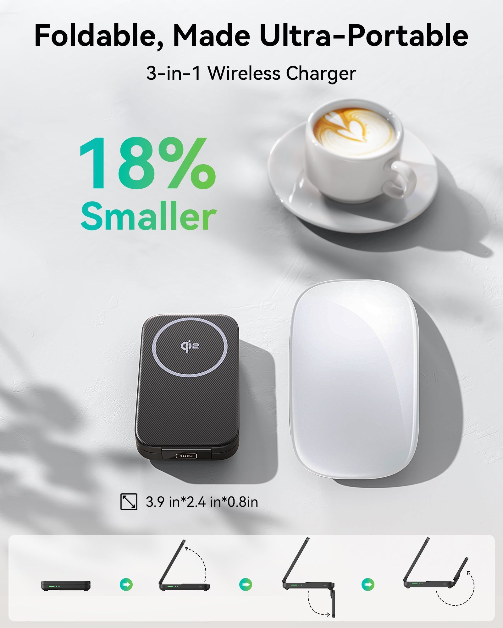 INIU 3-in-1 foldable wireless charger next to a mouse, showing its ultra-portable size for travel with devices like iPhone 17.