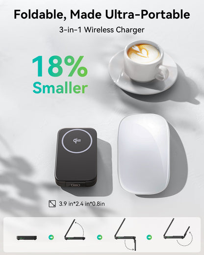 INIU 3-in-1 foldable wireless charger next to a mouse, showing its ultra-portable size for travel with devices like iPhone 17.