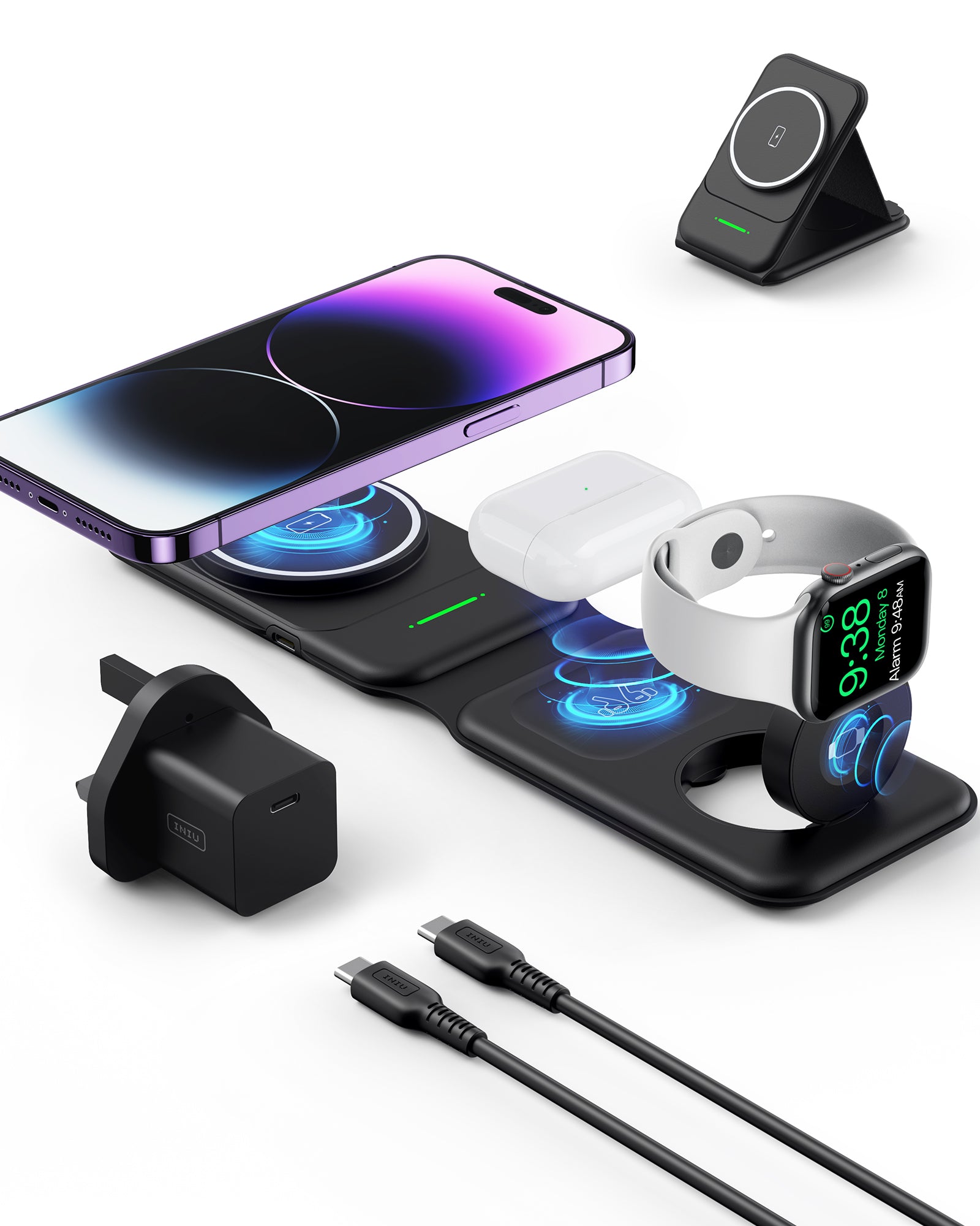 INIU SnapGo WI222 - Base de carga inalámbrica 3 en 1, multifunción magnética de 15 W