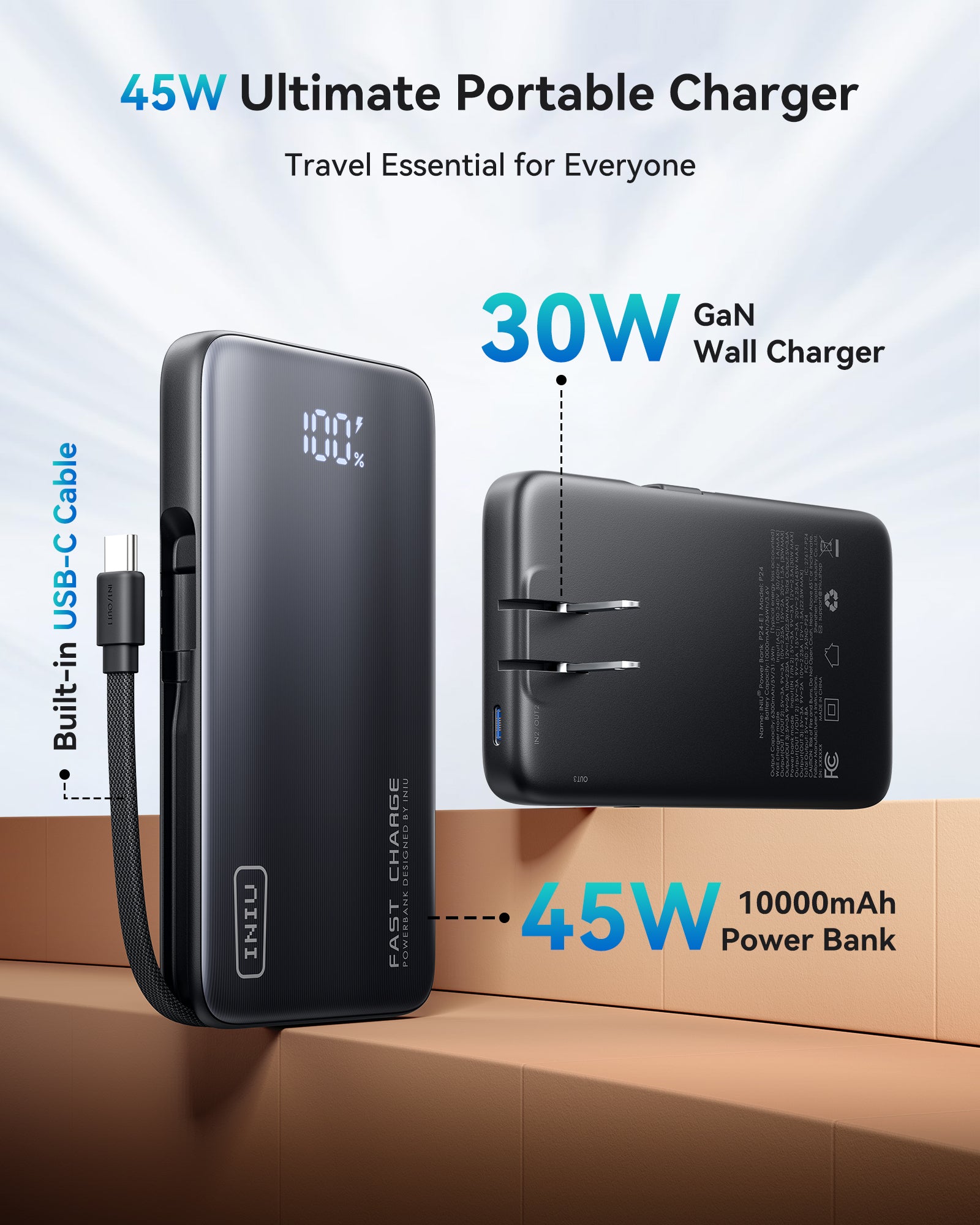 INIU P24-E1 45W Portable Charger, black with built-in USB-C cable, 10000mAh power bank, fast charging