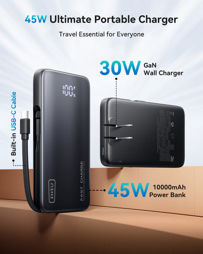 INIU P24-E1 45W Portable Charger, black with built-in USB-C cable, 10000mAh power bank, fast charging